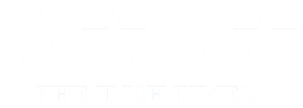 Four white stars above the text 'THE IRISH TIMES' on a black background.