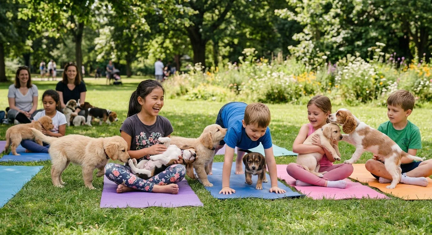 Children and adults in a park playing and cuddling puppies on yoga mats.