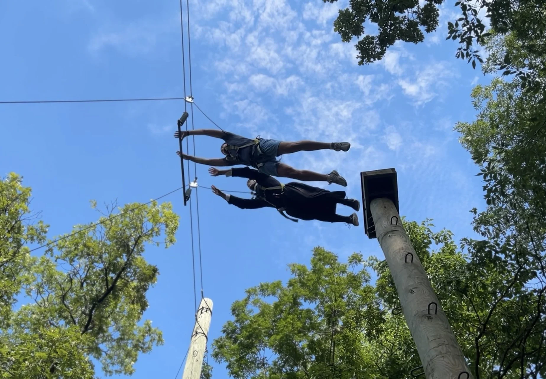 Two people are hanging from a utility pole, one above the other, with a blue sky and trees in the background.