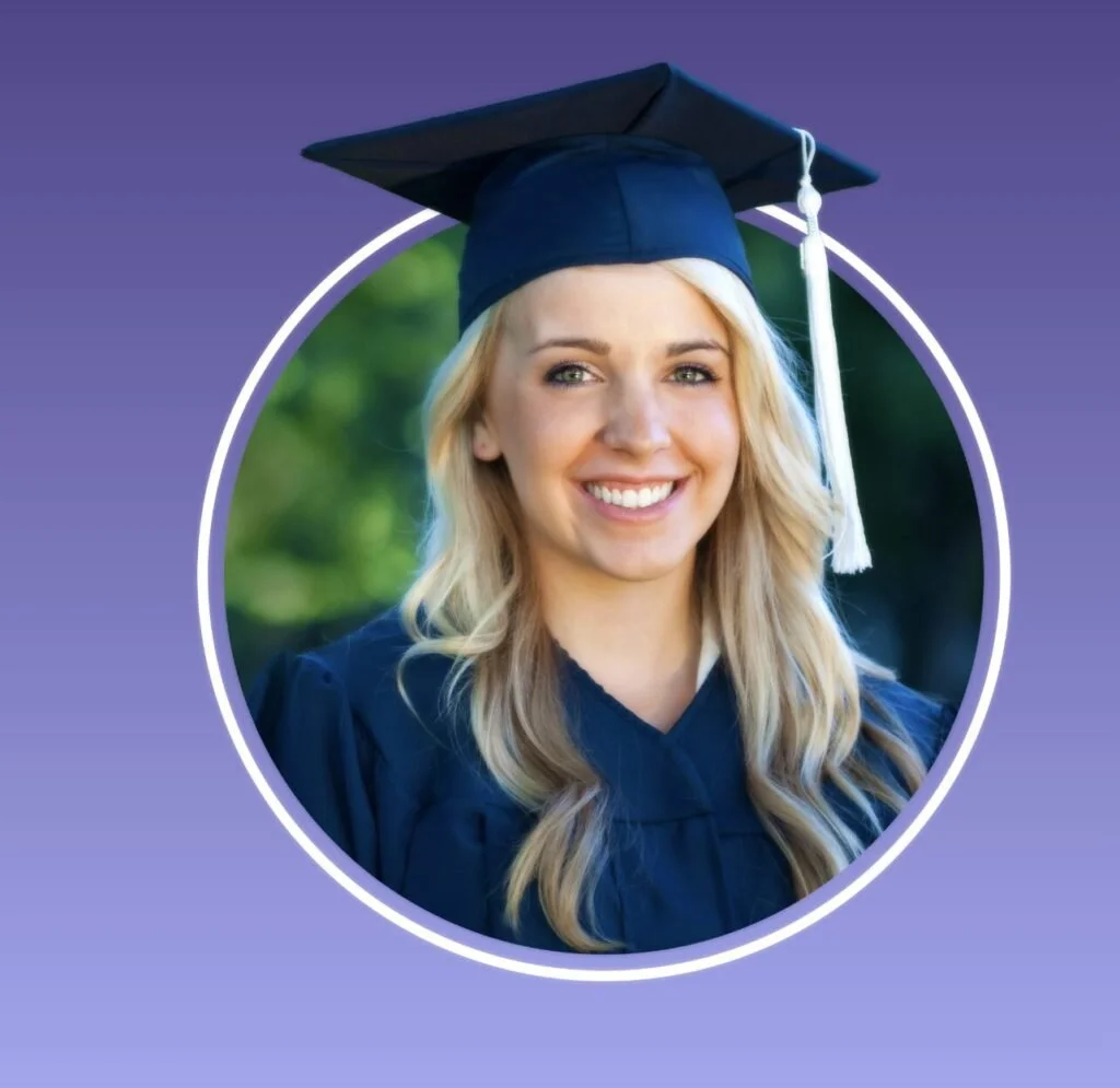 A young woman with blonde hair smiling, wearing a graduation cap and gown, standing outdoors with a green background.