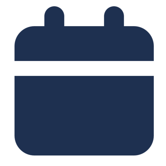 Icon of a calendar with two rings at the top, depicted in dark blue.
