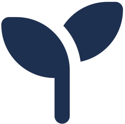A simple dark blue icon of a plant with two leaves.