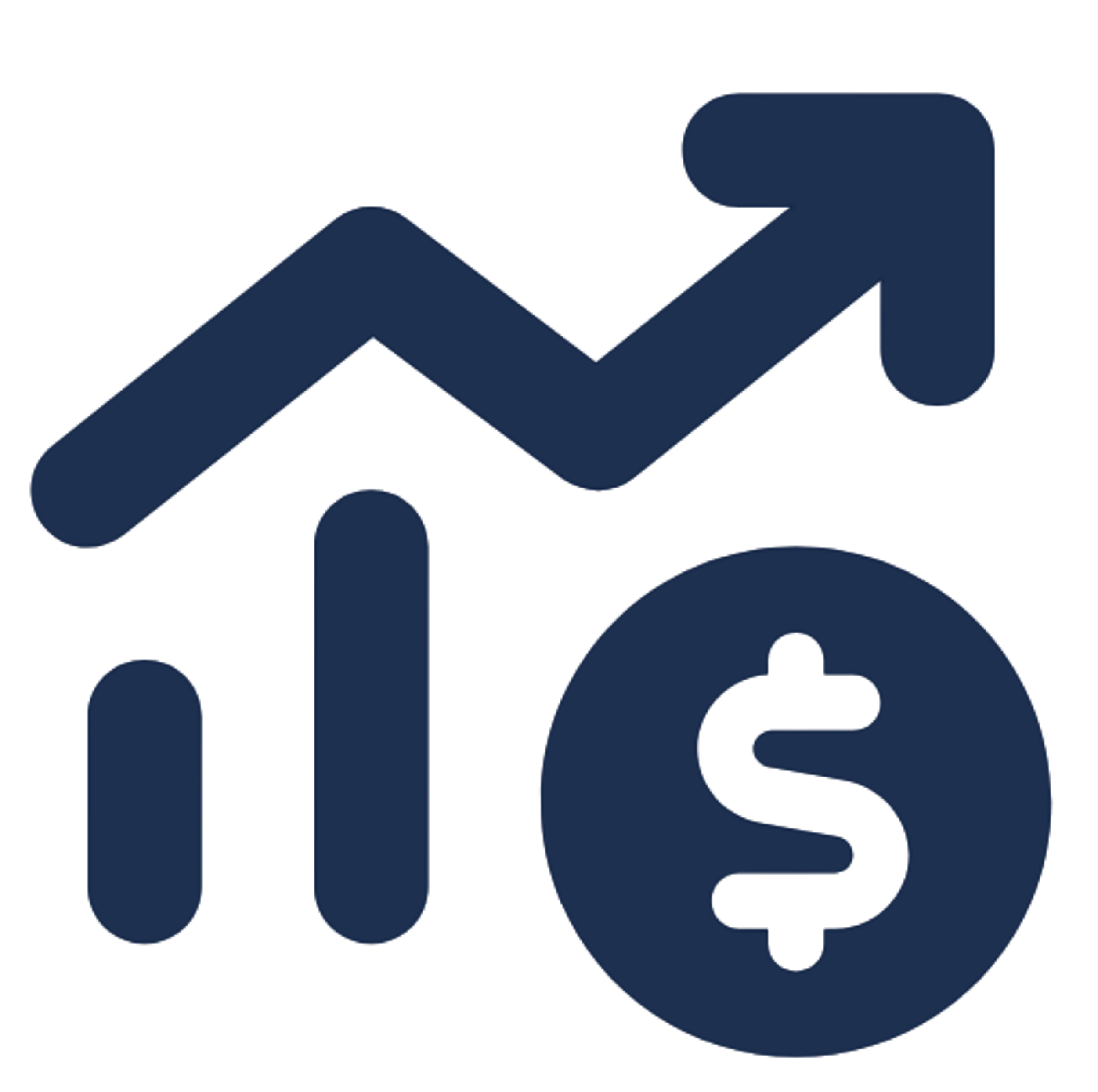 A dark blue upward trending arrow with a circular end on a black background.