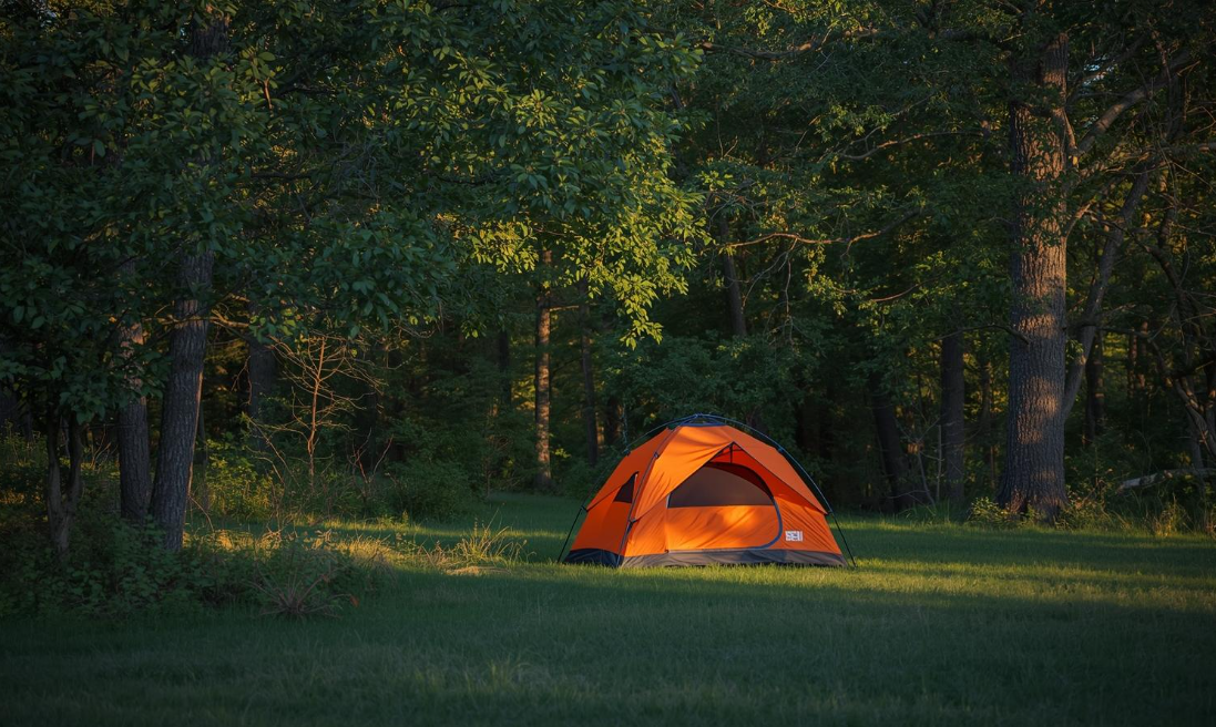 An orange camping tent set up in a grassy clearing surrounded by trees in a forest, with sunlight filtering through the leaves.