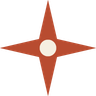 A stylized star-shaped compass rose with a dot in the center on a white background.