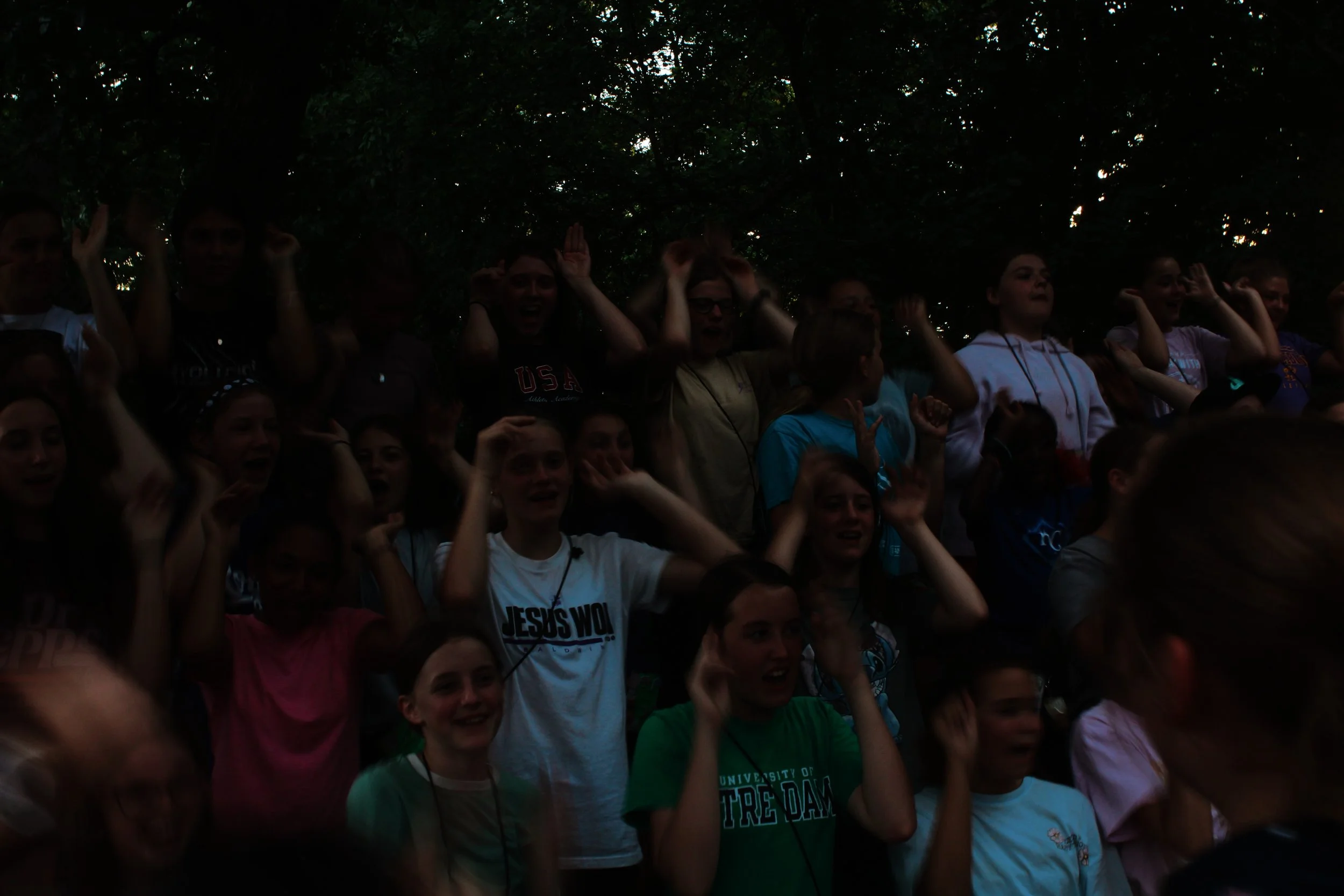A large group of people, mostly young females, are gathered outdoors underneath trees, raising their hands and appearing to sing or cheer. Many are wearing casual clothes and some are wearing lanyards.