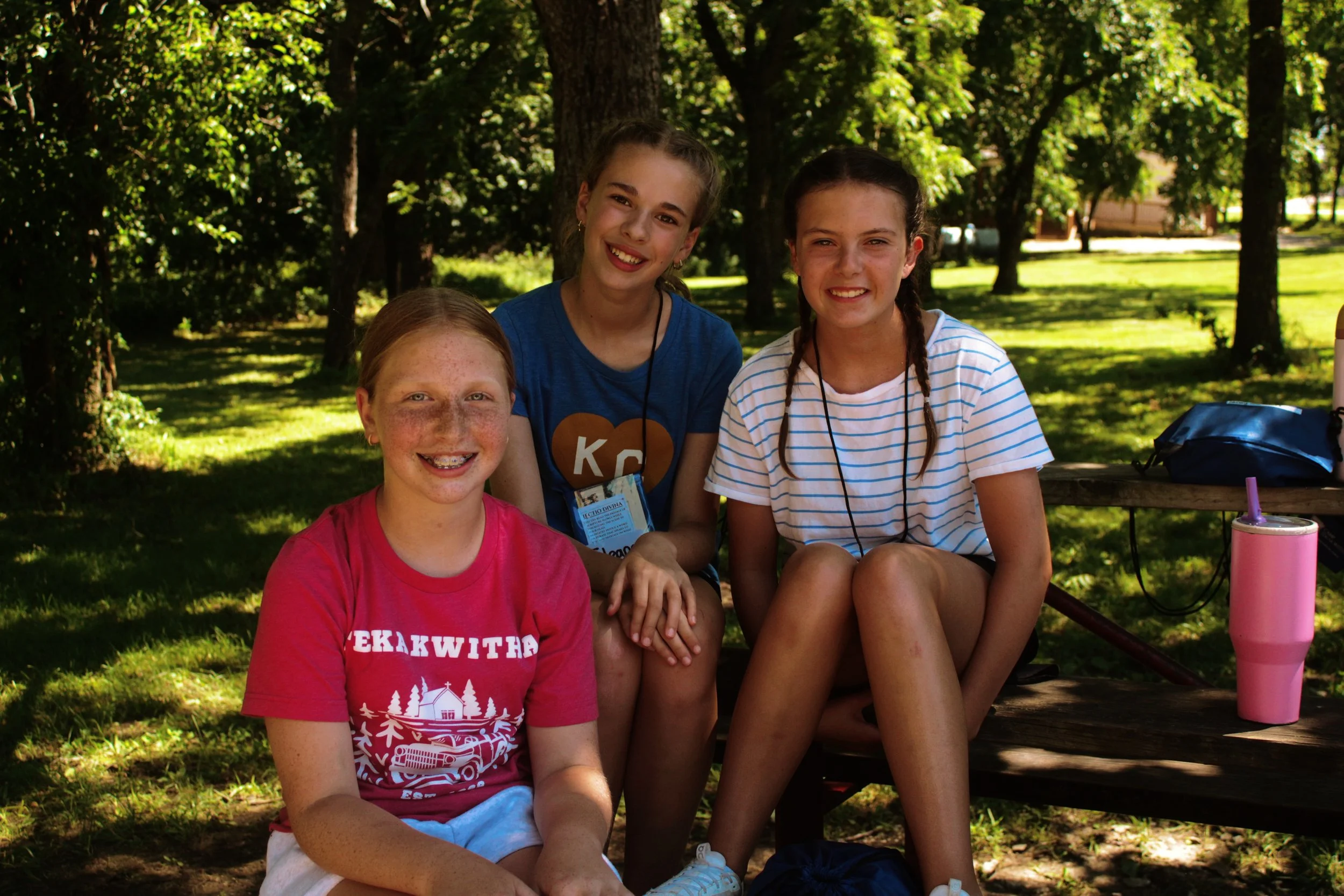 Four smiling girls sitting outdoors on grass with trees in the background. One girl is wearing a red shirt with white text, another in a blue shirt, and two in white striped shirts. They are enjoying a sunny day.