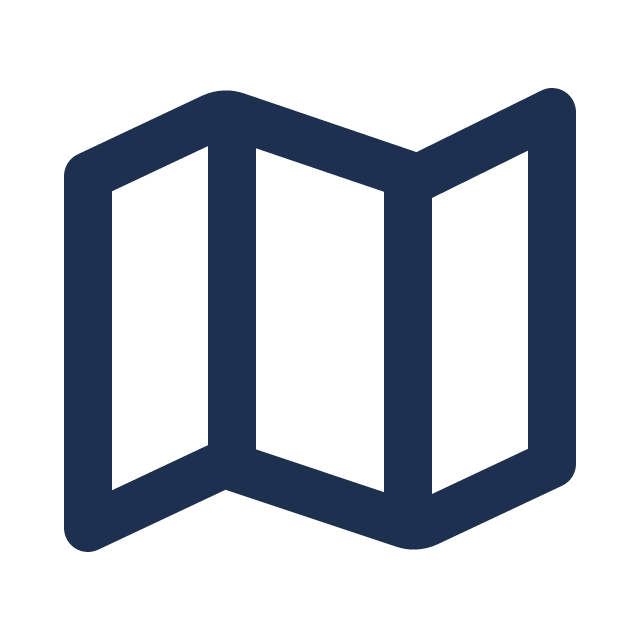 A dark blue geometric shape resembling an open book with three visible pages, viewed from an angle.