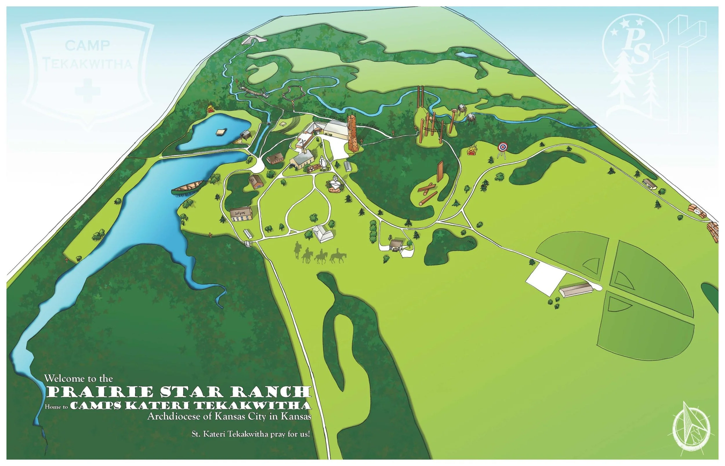 Map of Prairie Star Ranch Campgrounds at Katieri Tekakwitha in Kansas, showing water bodies, buildings, and outdoor activities.