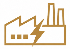 Icon of a factory with a lightning bolt symbol in front of it.