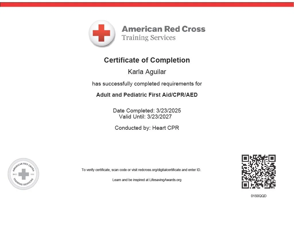 Certificate of completion from American Red Cross Training Services awarded to Karla Aguilar for Adult and Pediatric First Aid/CPR/AED, completed on 3/23/2025, valid until 3/23/2027, conducted by Heart CPR. Includes a red cross logo at the top and a QR code at the bottom right.