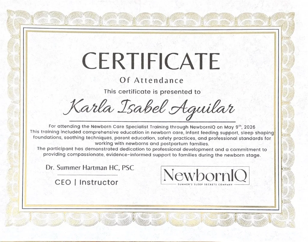 Certificate of attendance awarded to Karla Isabel Aguilar for completing Newborn Care Specialist Training on May 9, 2026, presented by Dr. Summer Hartman and NewbornIQ, Summer's Sleep Secrets Company.
