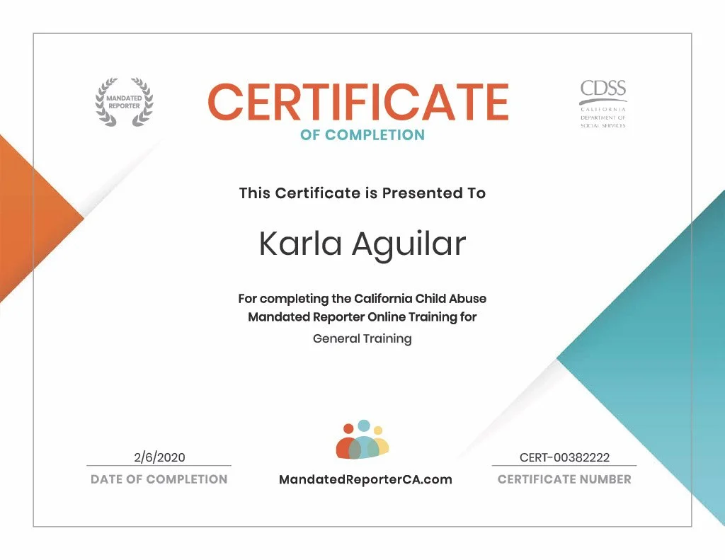 Certificate of completion awarded to Karla Aguilar for completing the California Child Abuse Mandated Reporter Online Training, issued on February 6, 2020, by MandatedReporterCA.com.