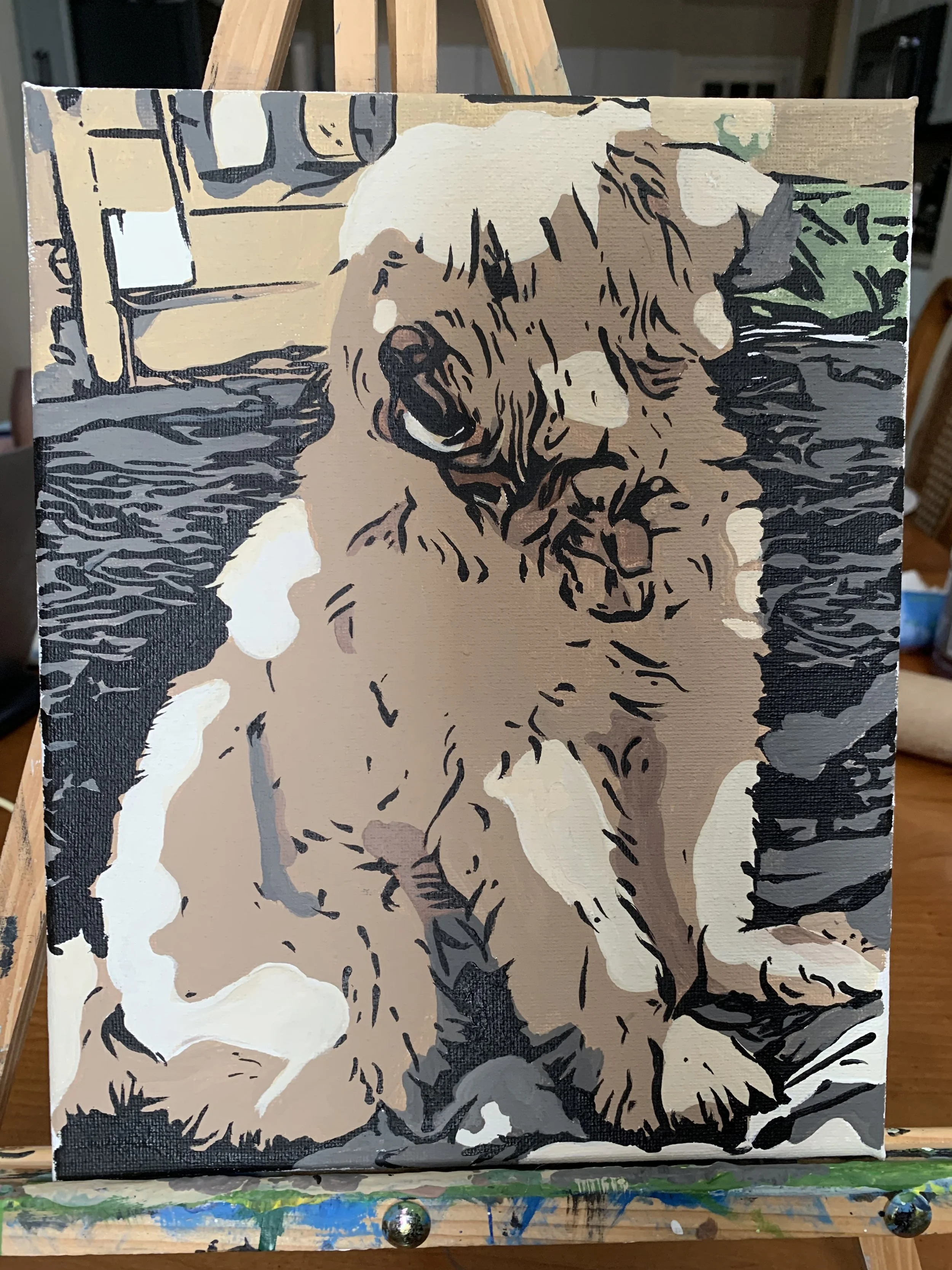 A painting of a snarling dog with light brown, dark brown, white, and black fur, depicted in a stylized, abstract manner. The background includes indistinct shapes and colors.