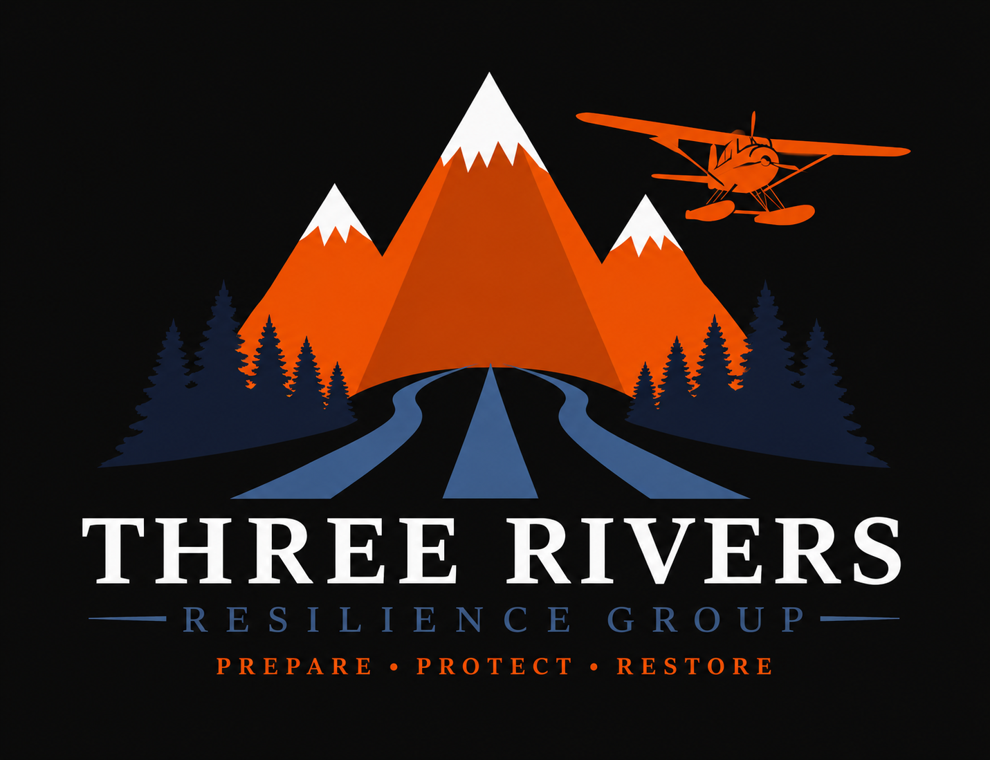 Illustration of mountains with snow caps, a forest of pine trees, a river, and an airplane flying above, with text 'Three Rivers Resilience Group' and the motto 'Prepare, Protect, Restore'.