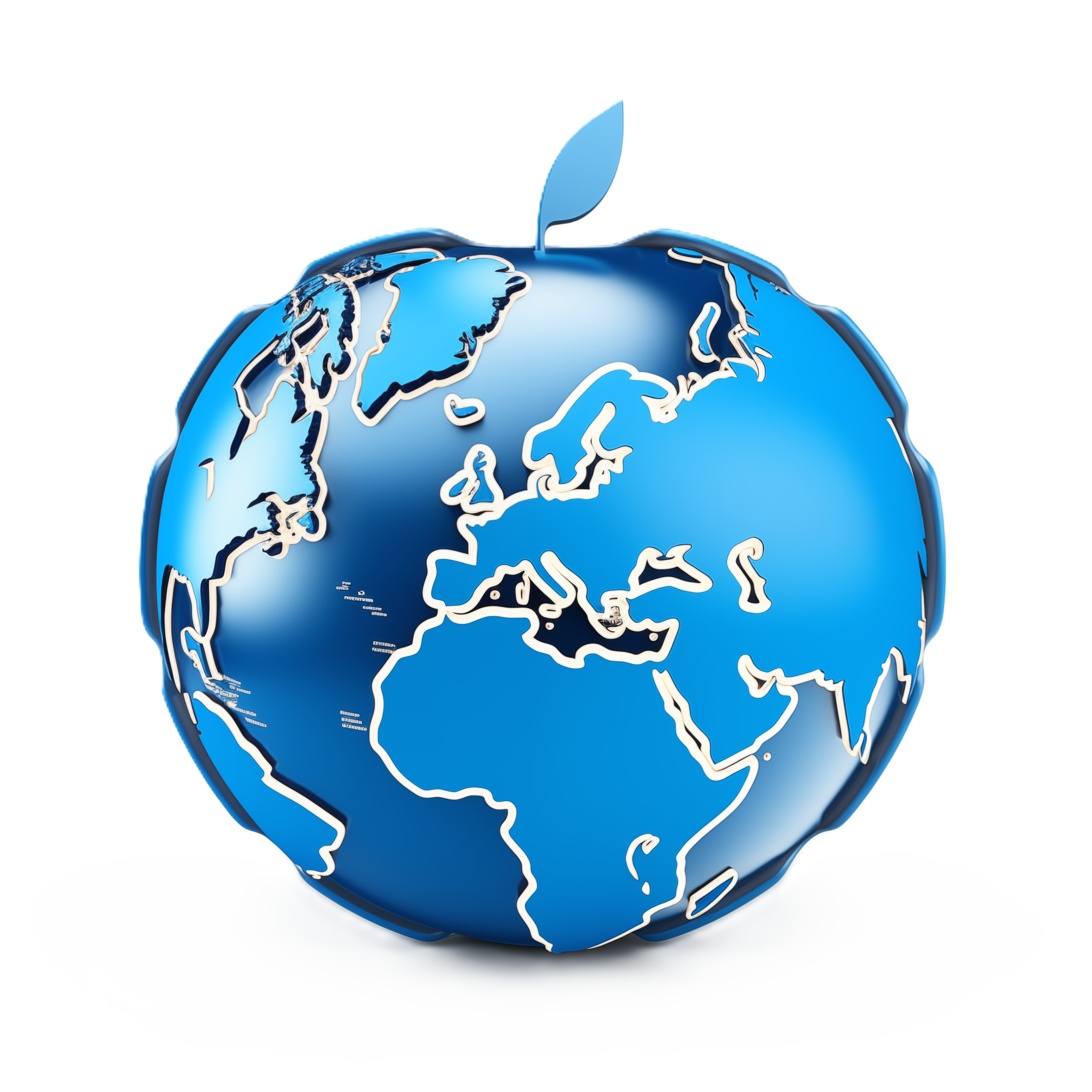 A shiny, metallic globe with a blue and white map of the world, with a blue leaf on top, placed on a white surface, casting a shadow.
