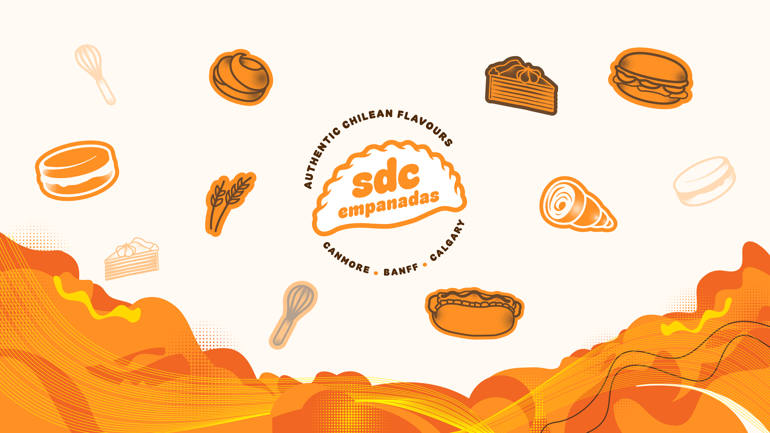 Stylized illustration of various foods including cake, pie, sandwich, burger, tortilla chips, and ingredients like wheat and a whisk, with text 'SDC empanadas' and mention of Calgary and other locations, highlighting authentic Chilean flavors.