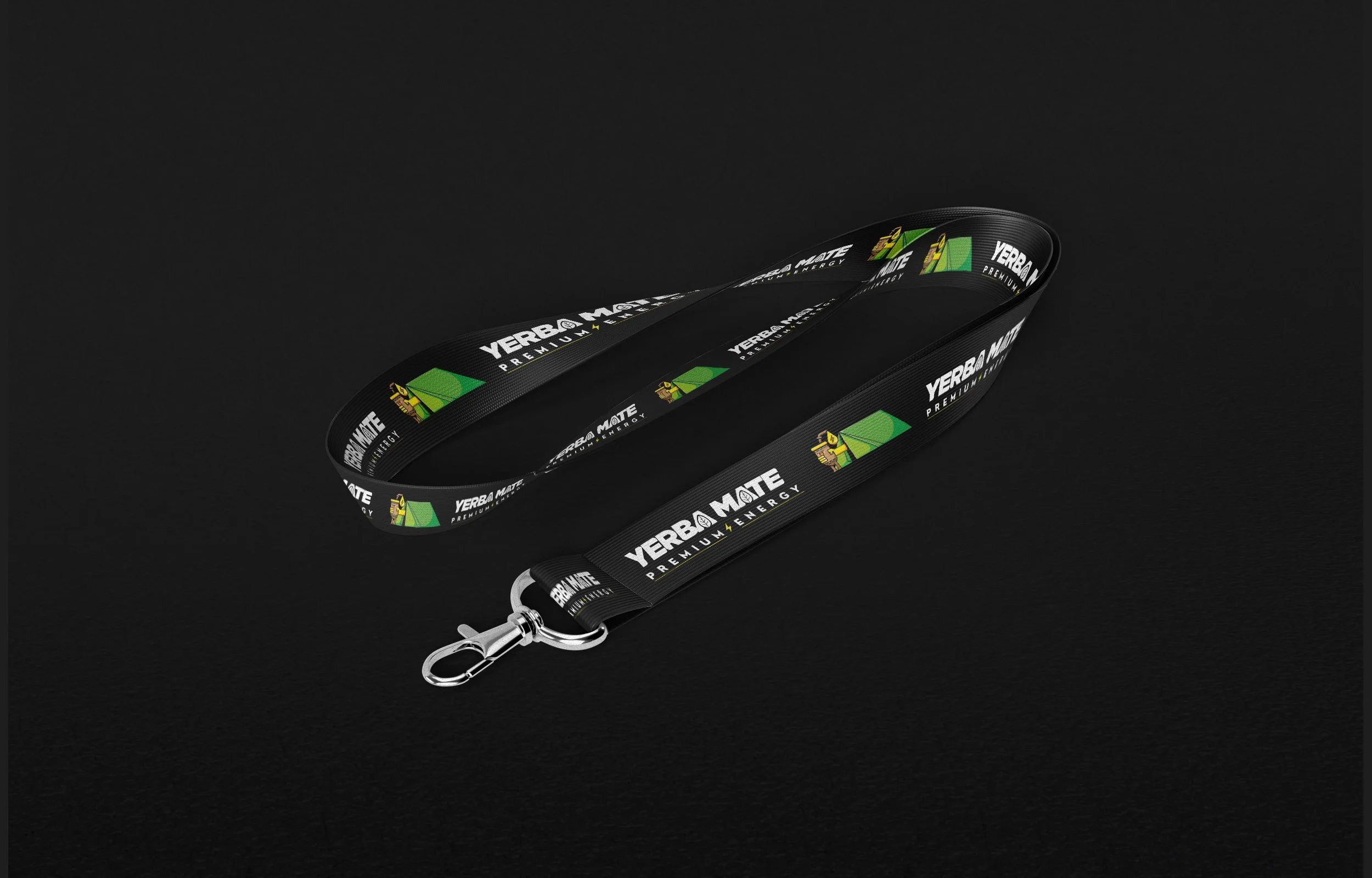 A black lanyard with silver clips and branding for Yerba Mate, a beverage company.