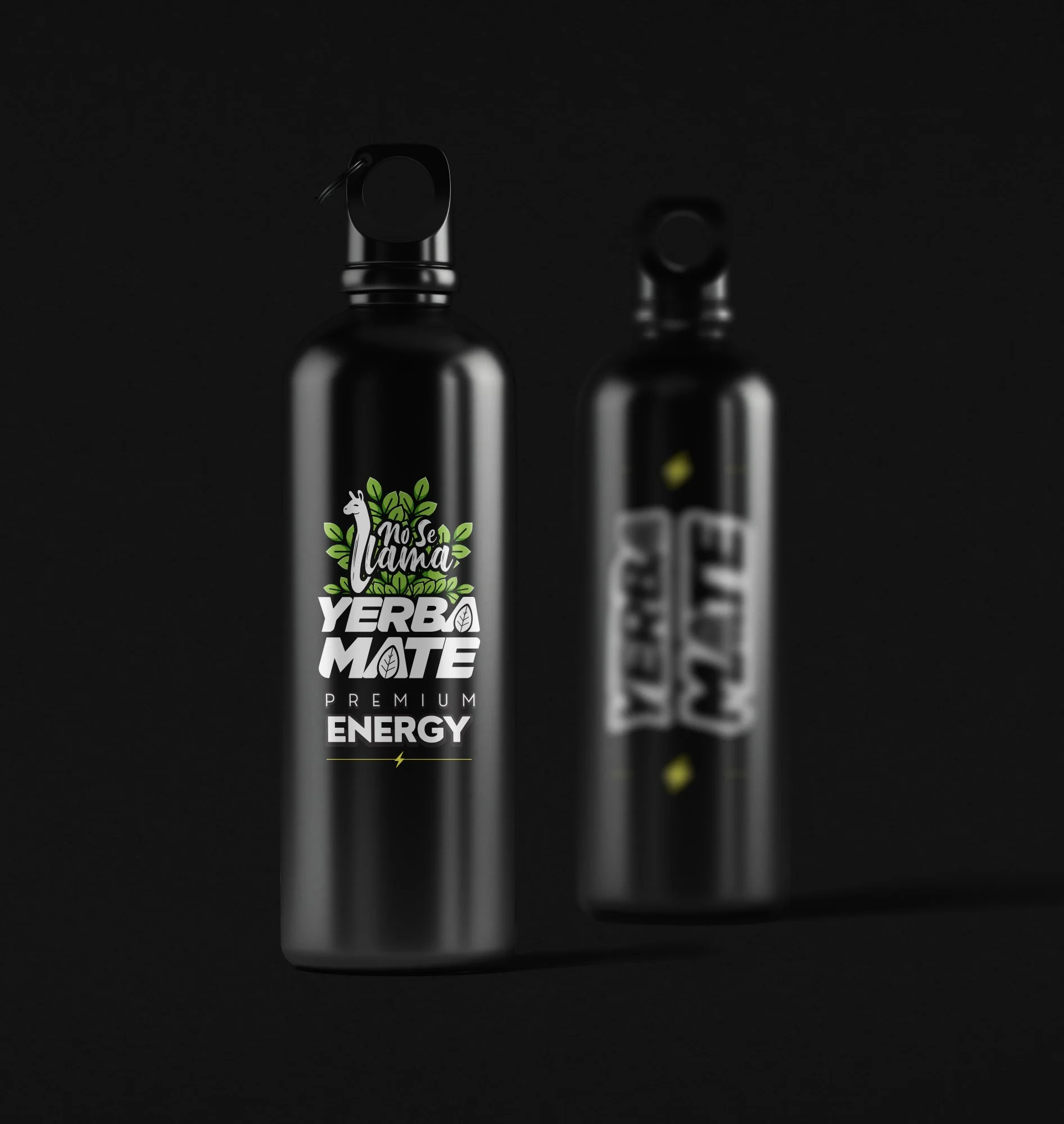 Two stainless steel bottles with black caps and labels, one with a llama and leafy design and the words 'No Llama' on it, against a black background.
