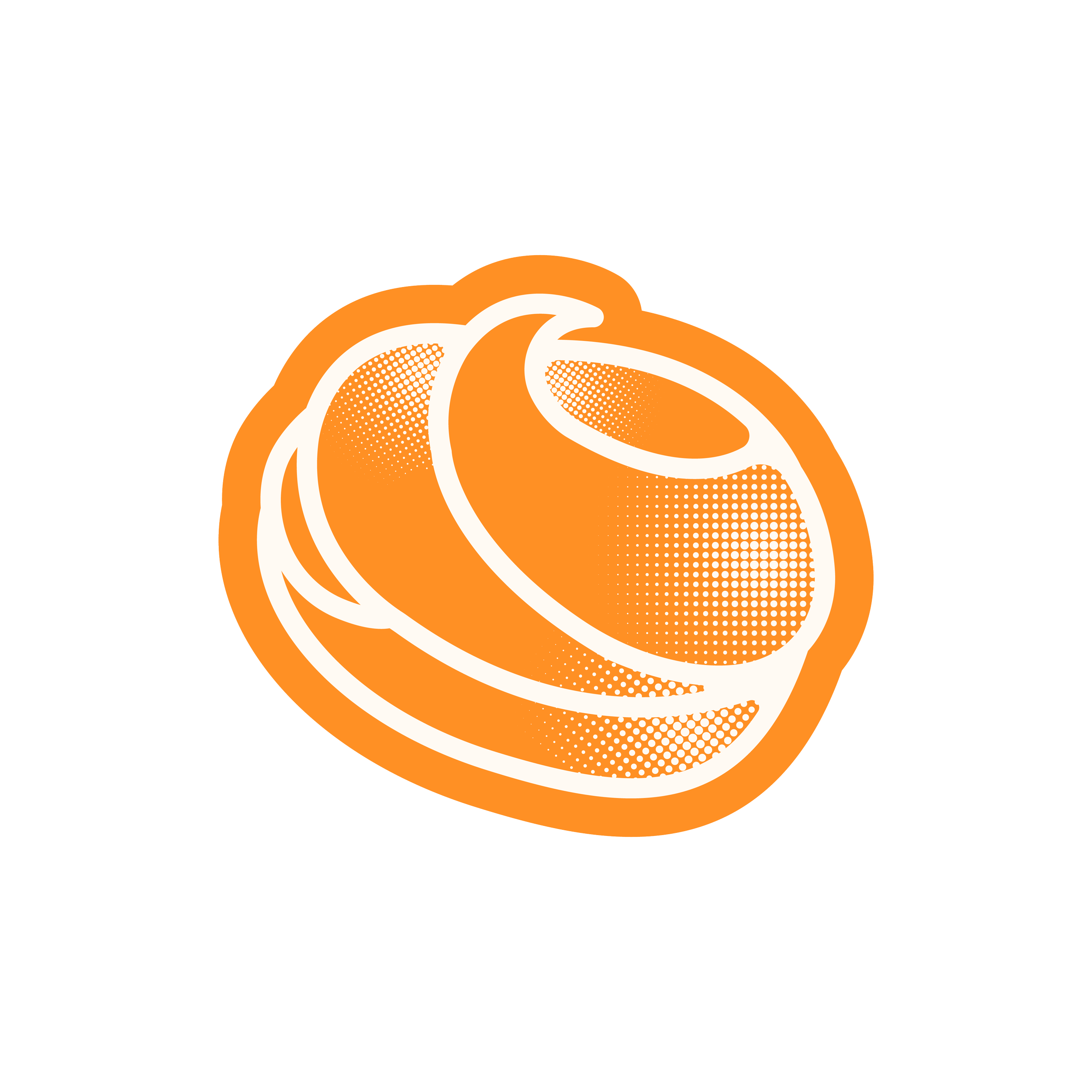 A stylized illustration of an orange and white segmented citrus fruit, such as an orange or grapefruit.