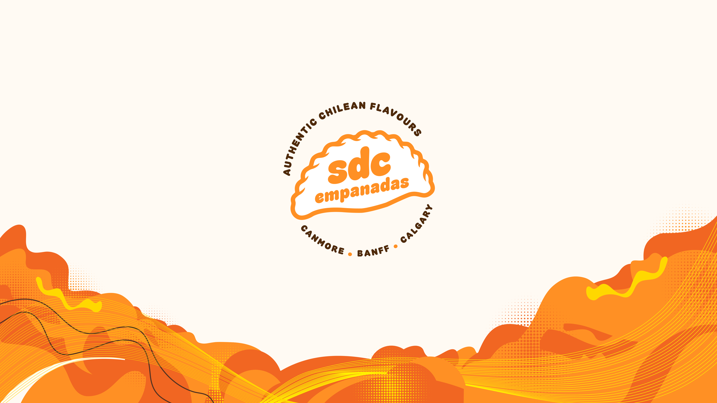 Logo for SDC empanadas with the text 'Authentic Chilean Flavours' and locations listed as Canmore, Banff, Calgary on a beige background with orange and yellow abstract shapes.