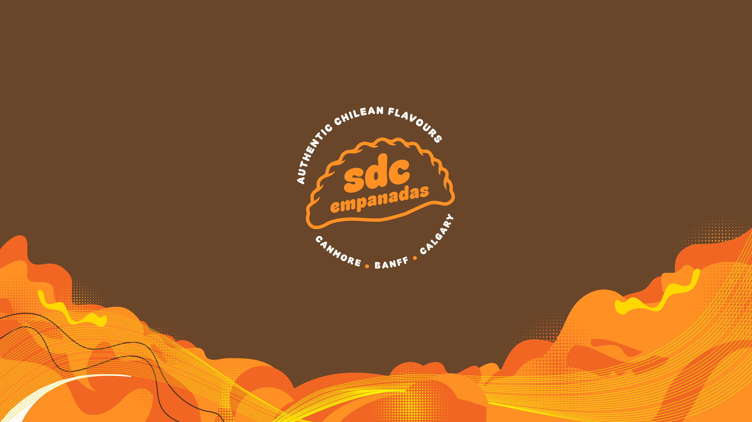 A logo for sdc empanadas, a Chilean empanada business, with text around it listing Calgary locations, set against a brown and orange abstract background.