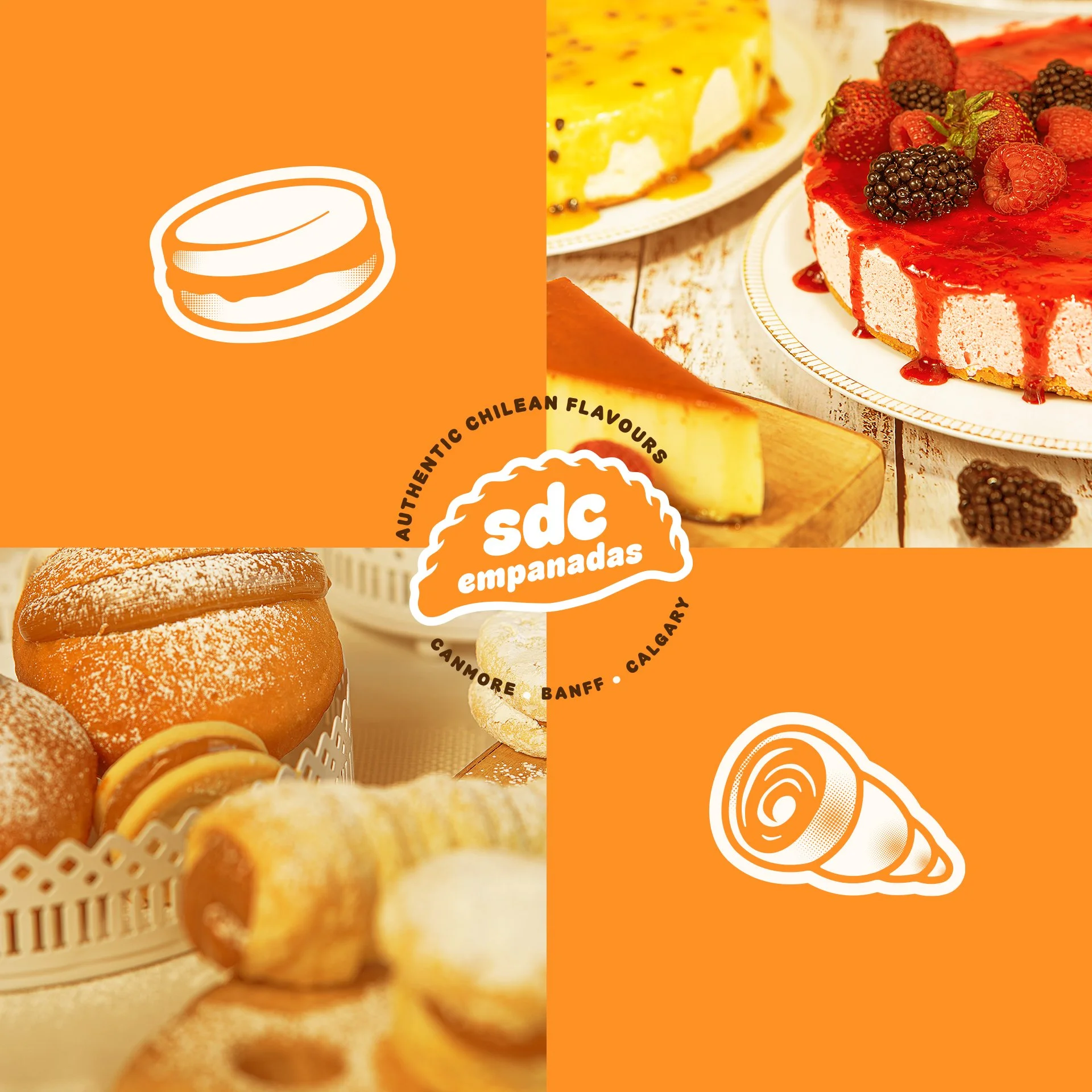 Image of assorted desserts including a cheesecake topped with berries, a panna cotta with caramel, and a basket of profiteroles dusted with powdered sugar.