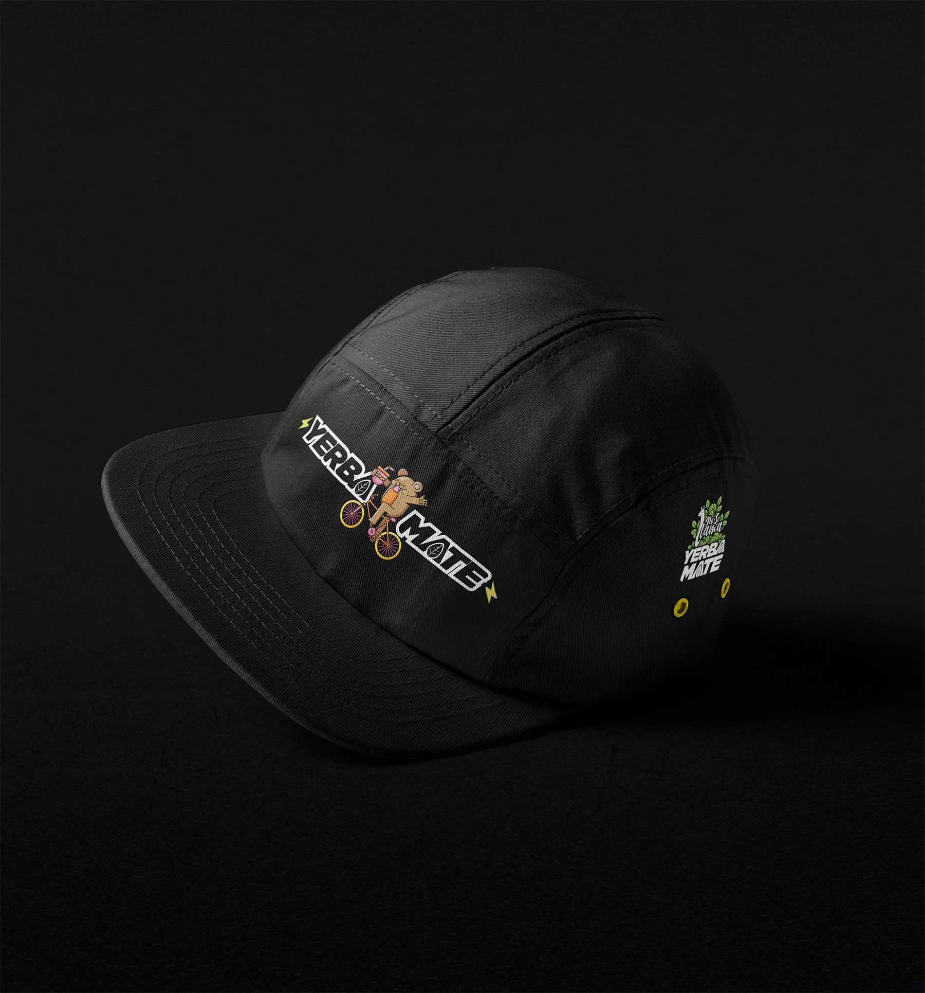 A black cap with colorful cartoon characters and the words "VERB MOAT" embroidered on it, placed on a dark background.