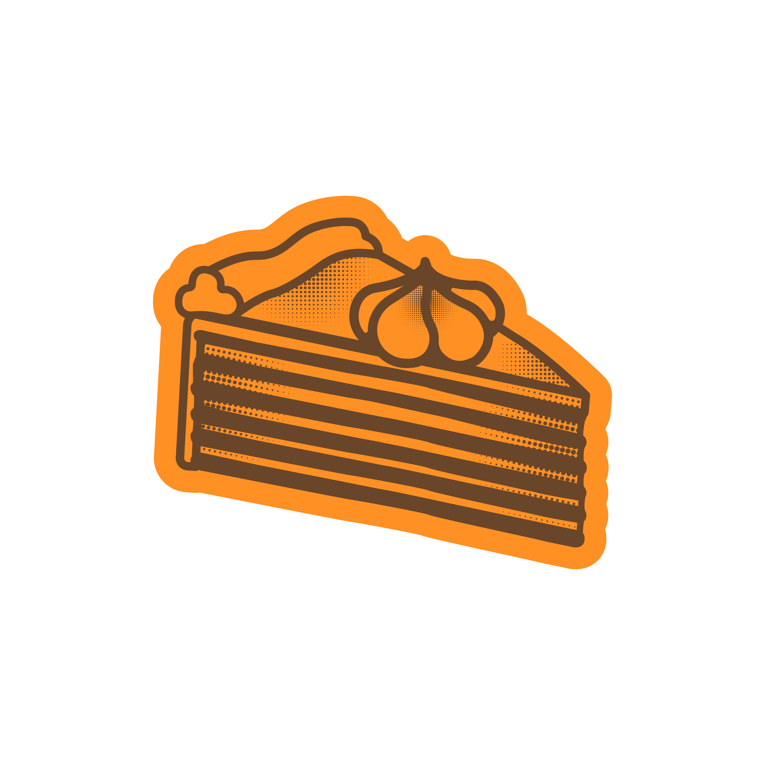 Illustration of a piece of pumpkin pie decorated with whipped cream and surrounded by pumpkin seeds.