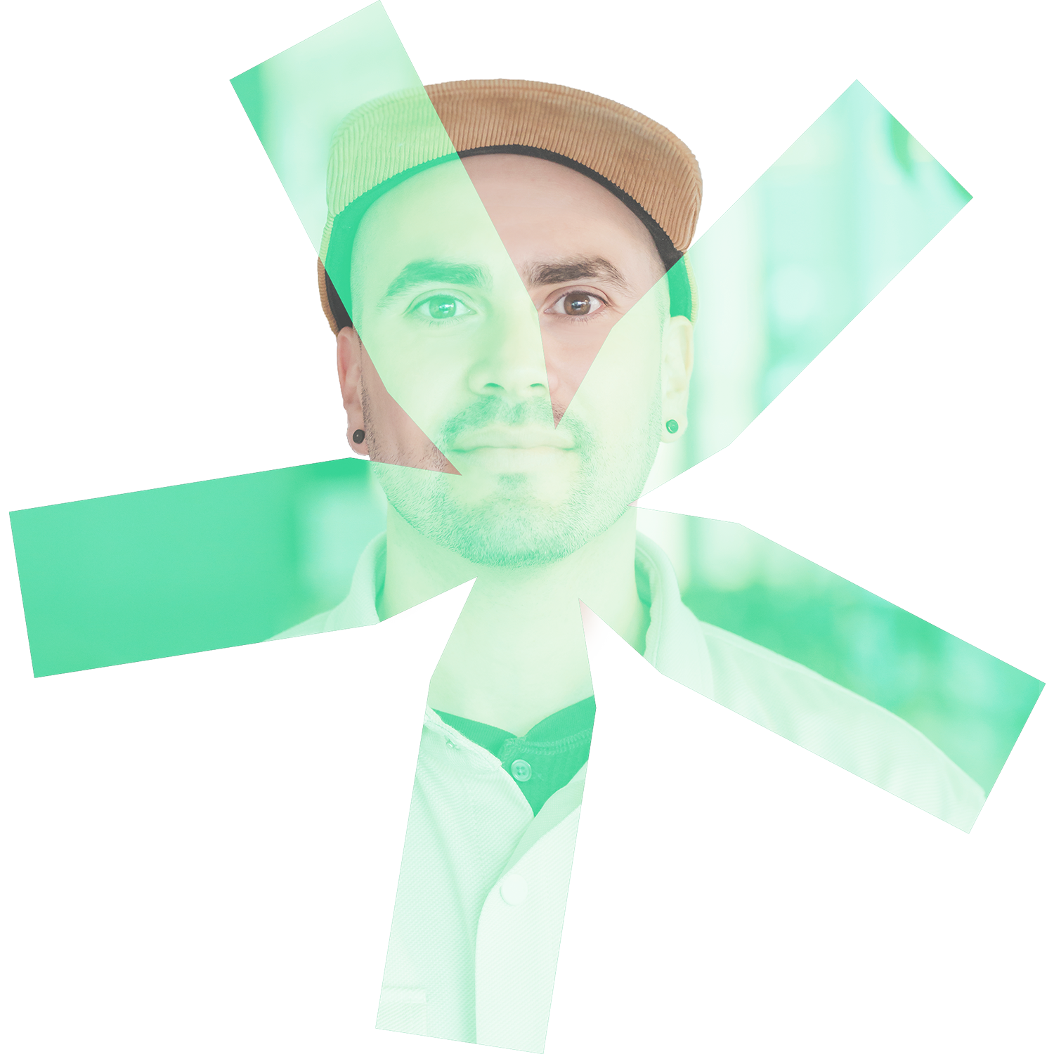 A young man wearing a brown cap, white polo shirt with a black collar, and earrings, looking directly at the camera against a blurred background with green hues.