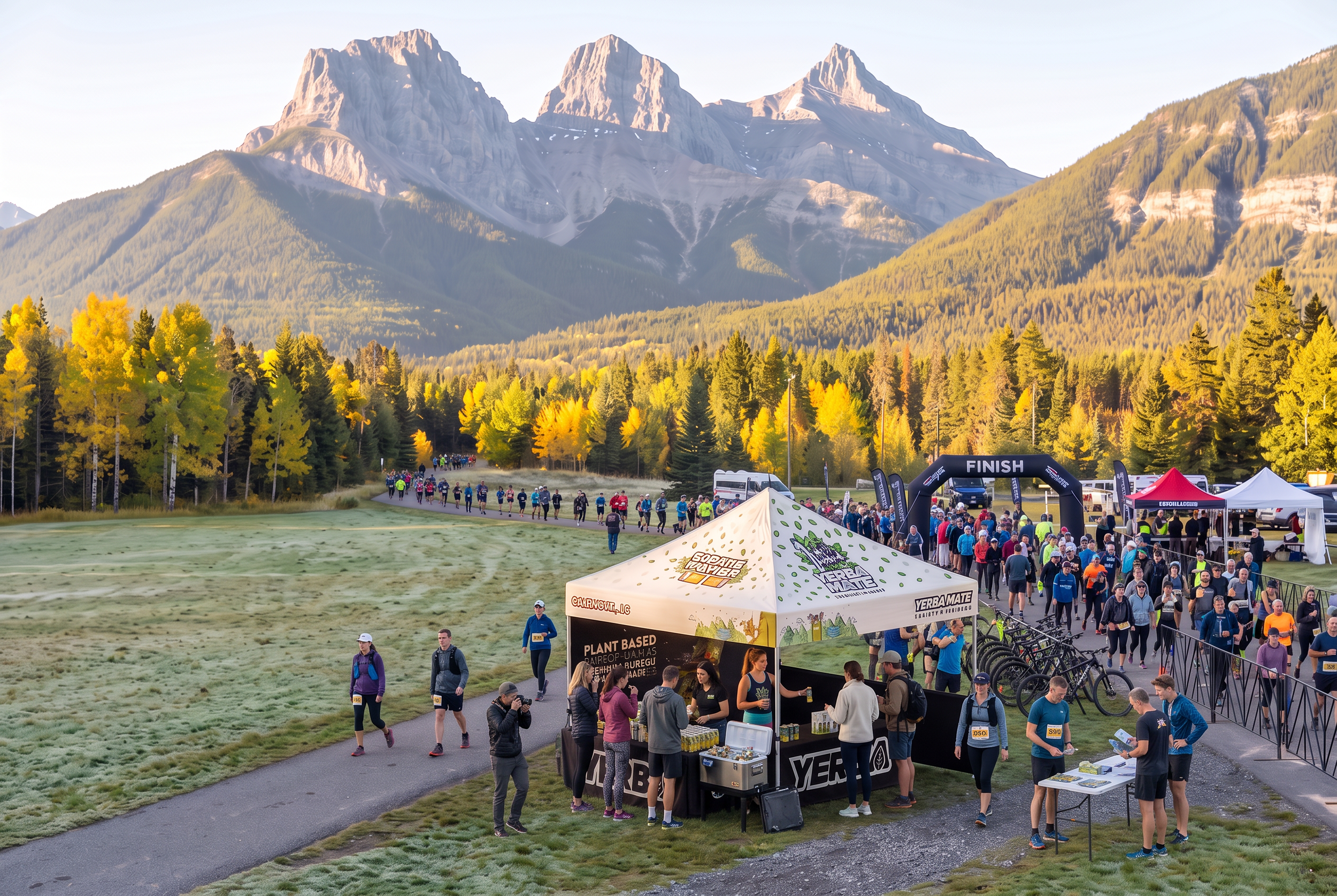 People participating in an outdoor race or marathon near a mountain range with lush green trees and event tents.