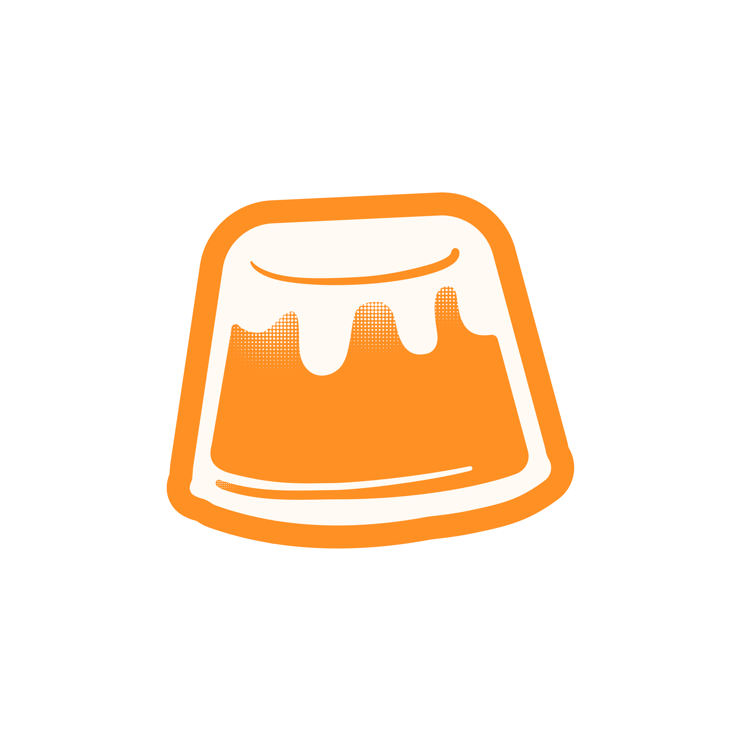 A minimalist illustration of a toaster with bread slices inside, depicted with simple shapes and a bright orange outline.