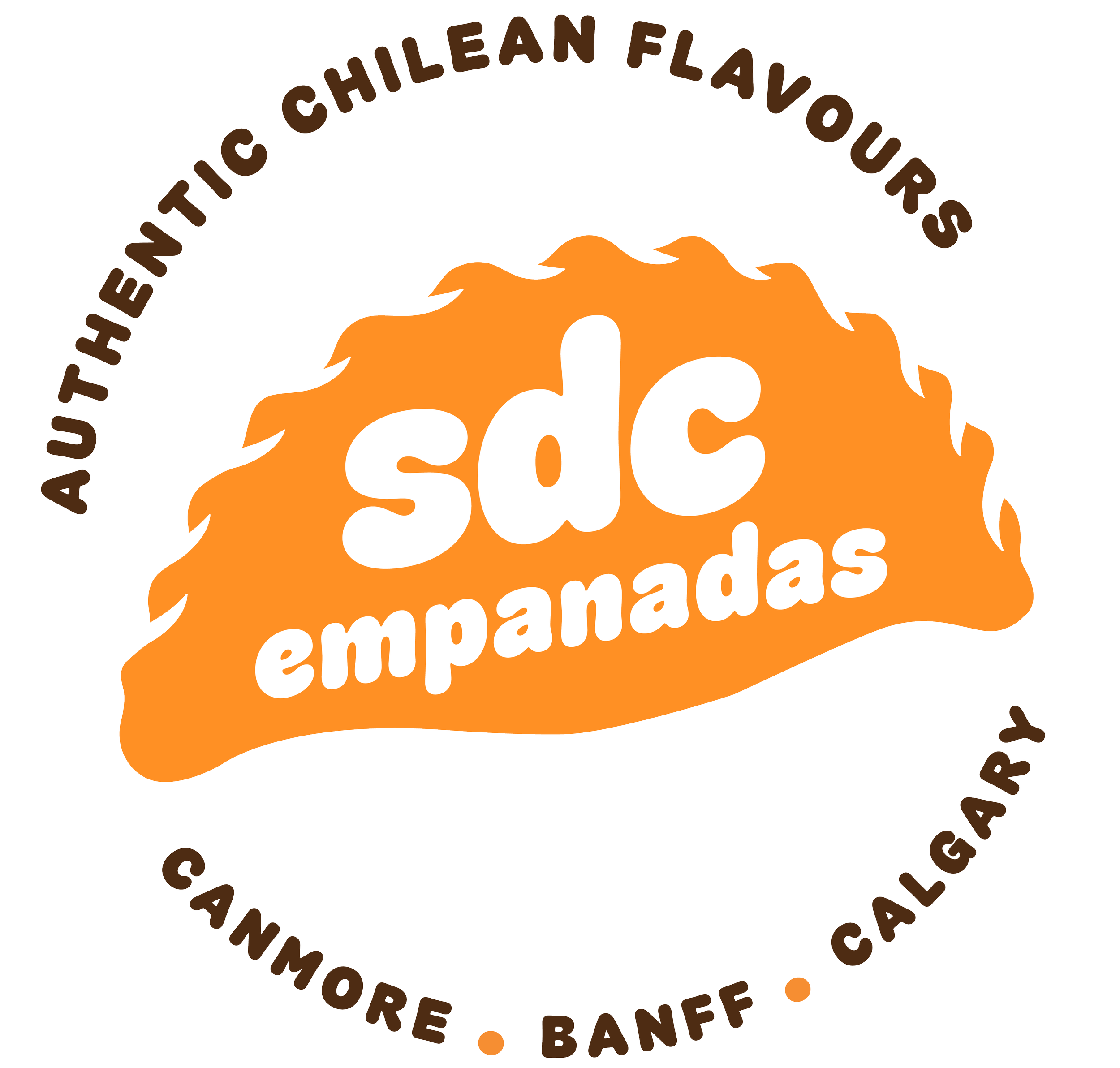 Text logo with orange flame design and white text for 'Syrup Empanadas.' Circular brown text surrounds the logo, listing various location names.