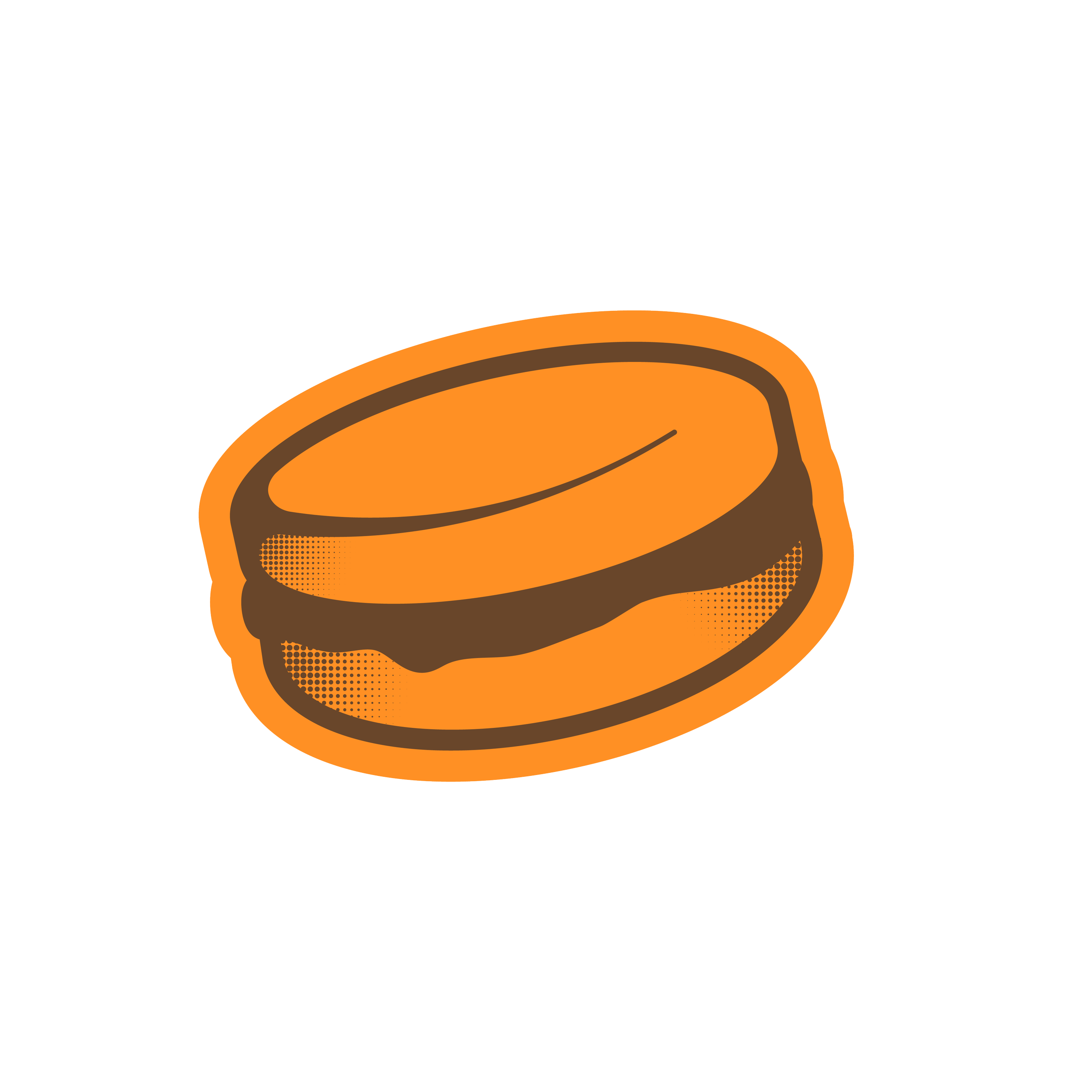 A cartoon illustration of a chocolate-colored bagel with a swirl of cinnamon inside.