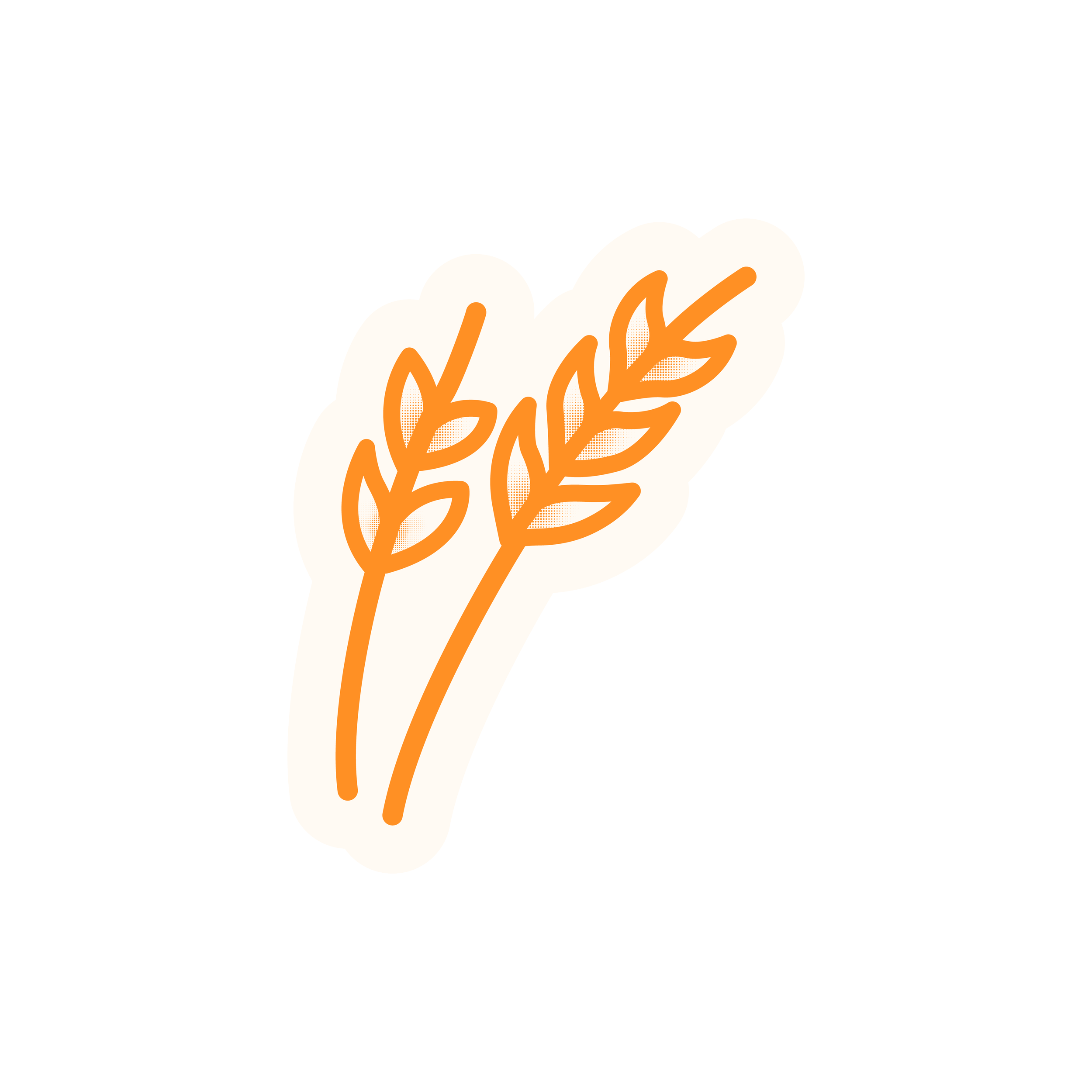 Illustration of a clenched hand holding a wheat stalk with leaves, symbolizing agriculture or farming.