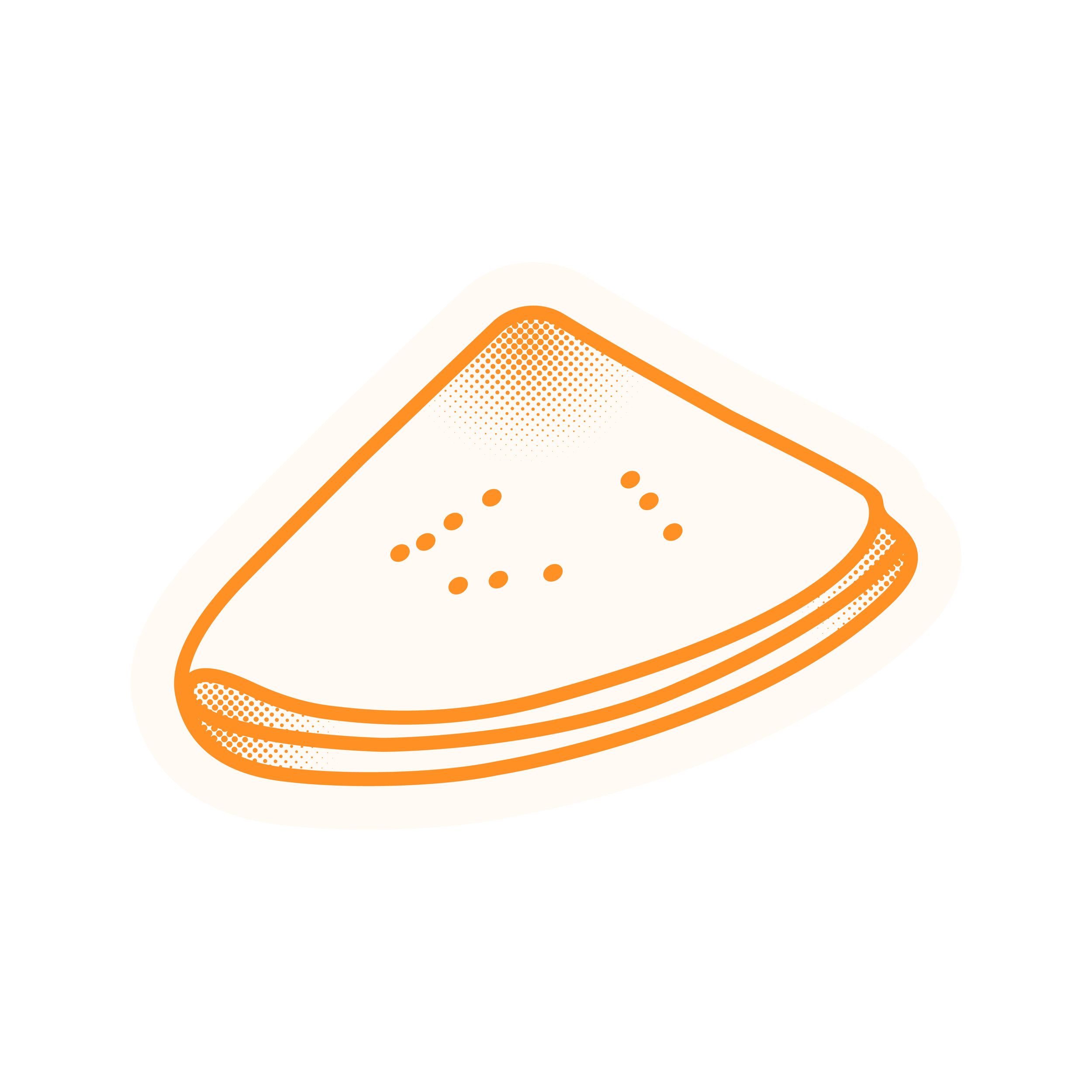Close-up of a stylized taco with orange dotted pattern, white base, and orange outline, featuring cheese, lettuce, and tomato slices.