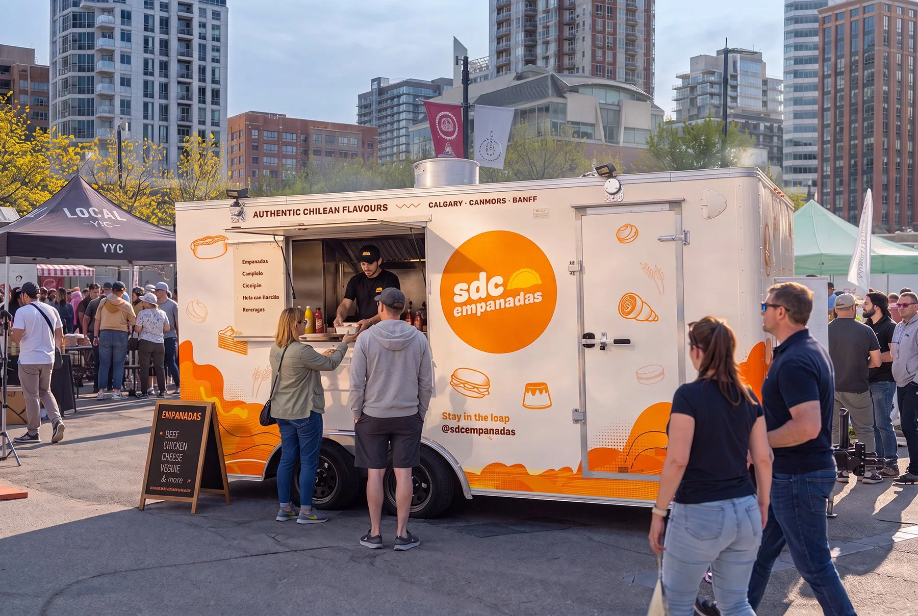 A food truck named 'sdc empanadas' serving various types of empanadas at an outdoor event in a city. The truck has a sign advertising authentic Chilean flavors and a menu listing empanadas with different fillings. There are people ordering and standing nearby, with tents and tall buildings in the background.