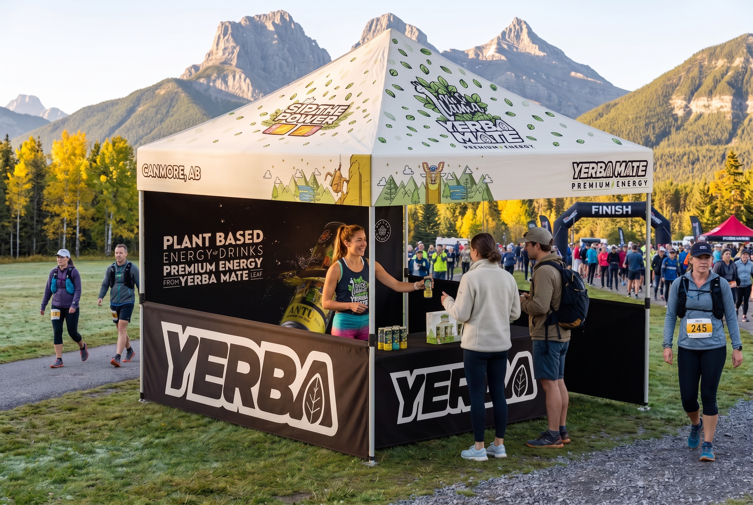 People gathered at an outdoor event around a Yerba Mate booth with a scenic mountain background and autumn trees.