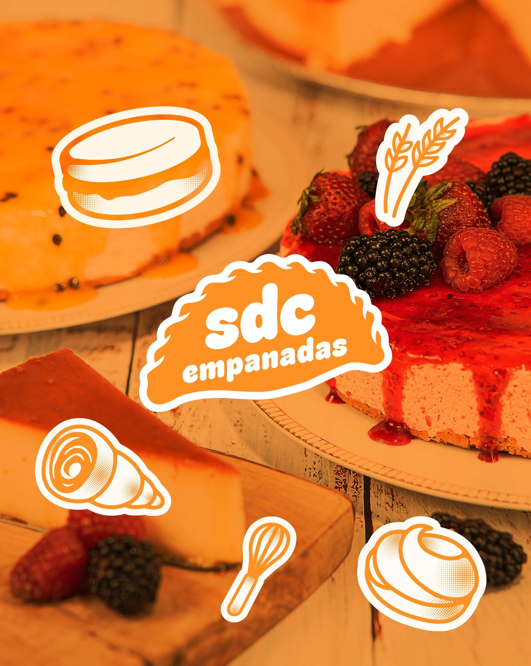 Close-up of a cheesecake topped with blackberries, strawberries, and raspberries with edible flower decorations, with some fruit and pastry illustrations overlayed.