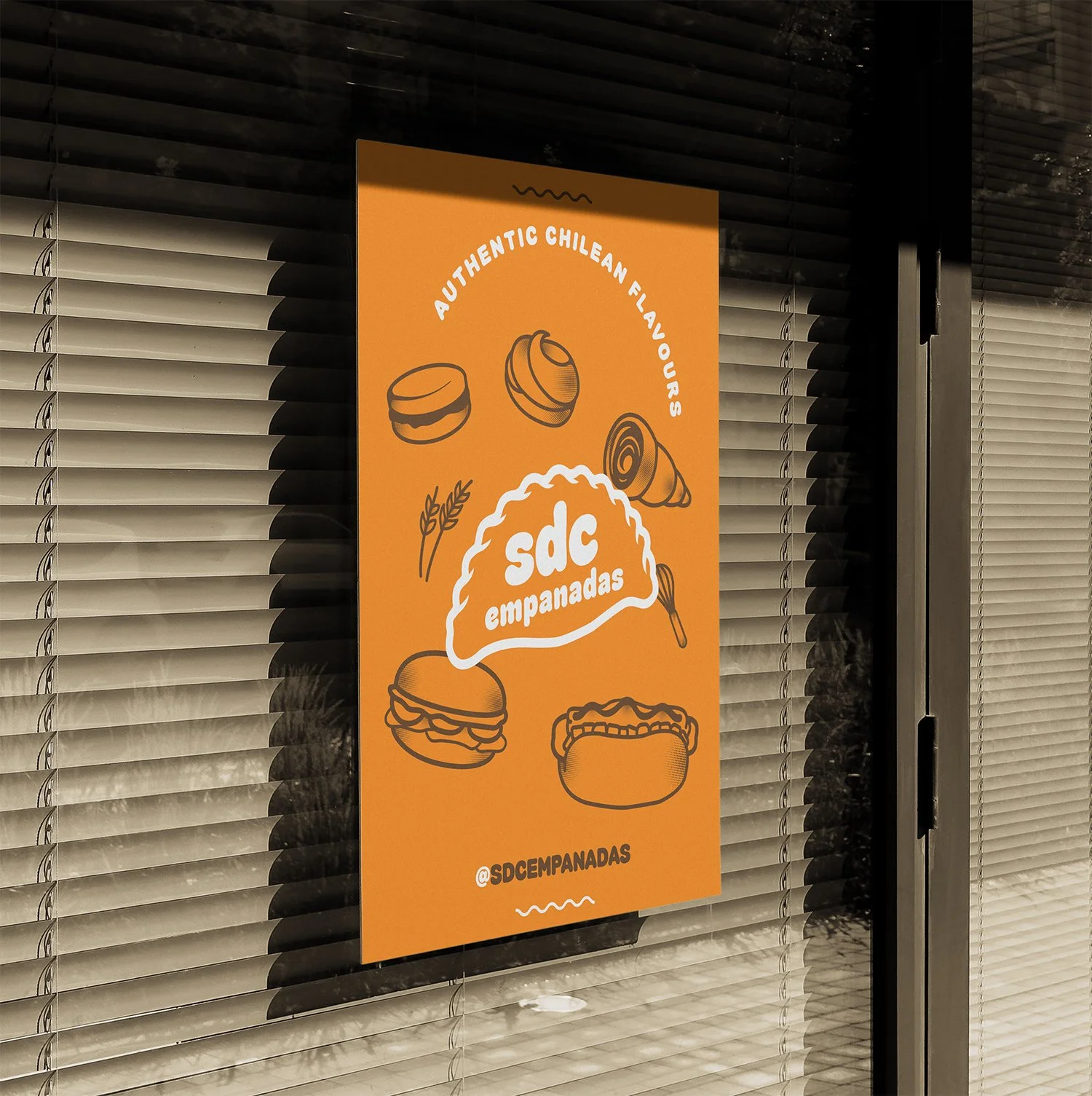 A bright orange restaurant sign advertising authentic Chilean empanadas, featuring illustrations of empanadas, bread, and a fork, with the text 'sd empanadas' and the Instagram handle '@SDCEMPANADAS'.