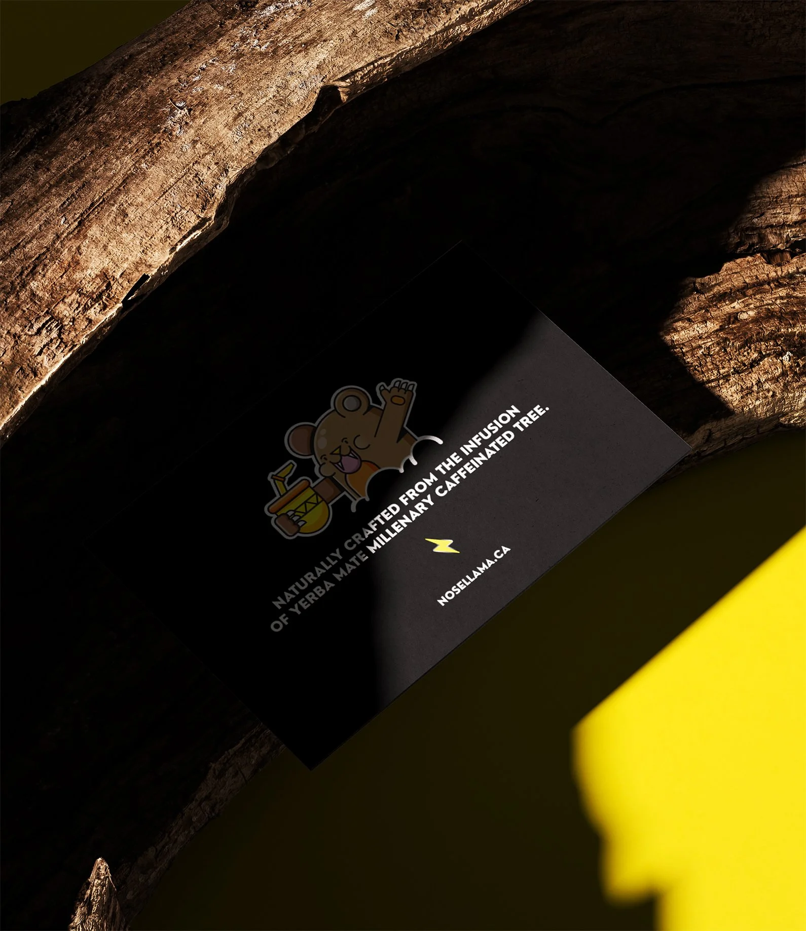 Close-up view of a tree trunk showcasing textured bark against a dark background, with part of a black and yellow label with a cartoon bear and text that mentions forested, caffeinated tree, and herbal mate.