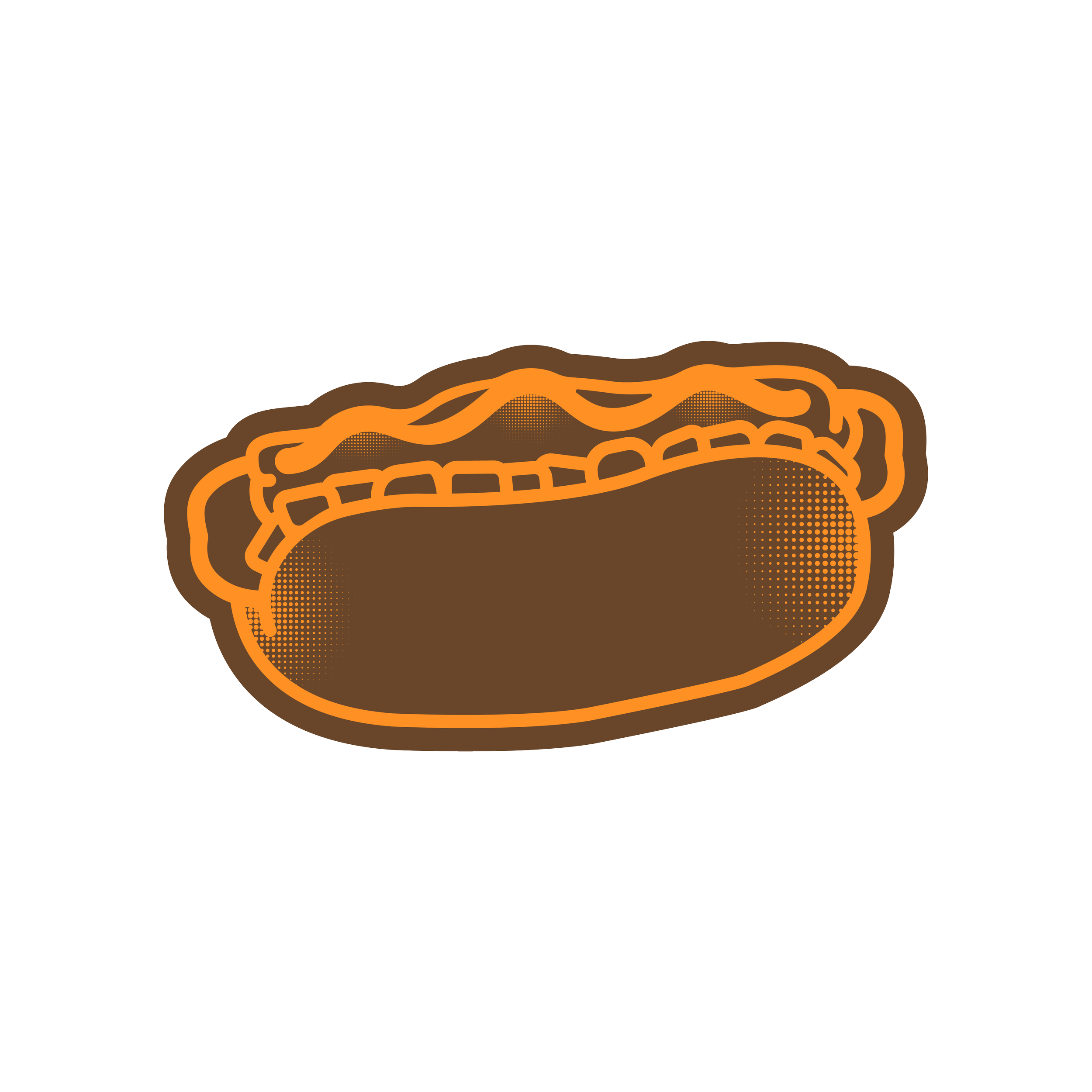 A sausage in a bun with toppings, served on a plate. The sausage is topped with mustard and possibly onions or other condiments.