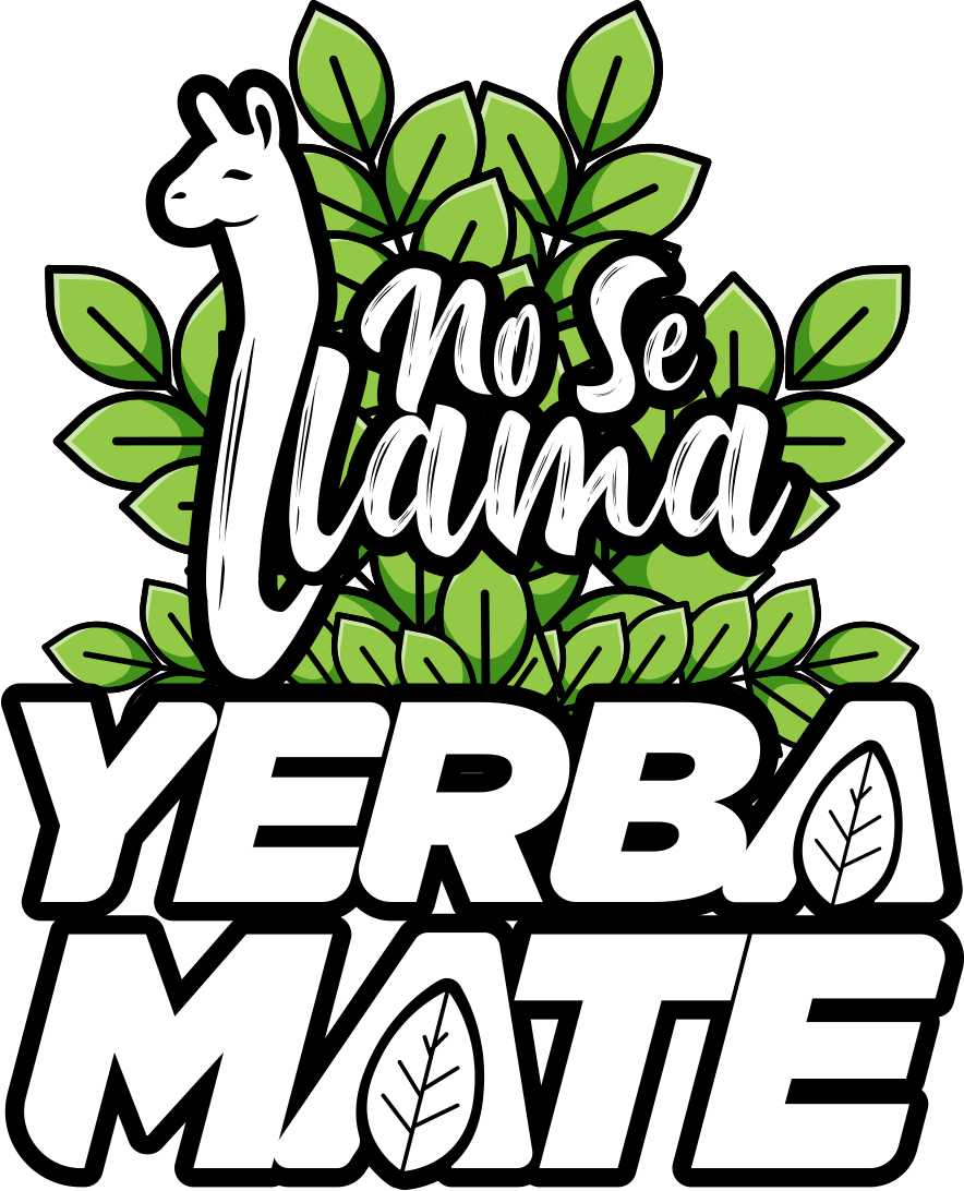 A graphic design with green leaves and a llama illustration. The text says 'No Se Llame' at the top and 'YERBA MATE' at the bottom, with leaf imagery replacing the letter 'A' in 'YERBA' and 'MATE'.