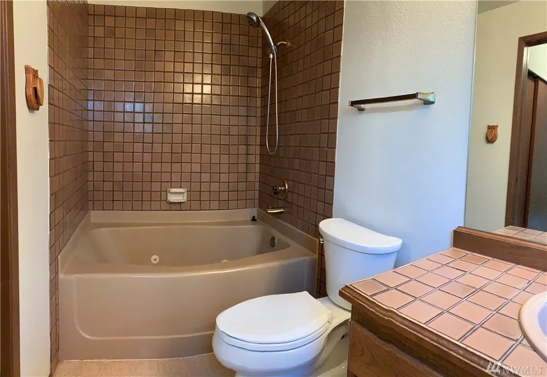 Bathroom with bathtub, brown tiled walls, white toilet, and a tiled countertop with a sink.