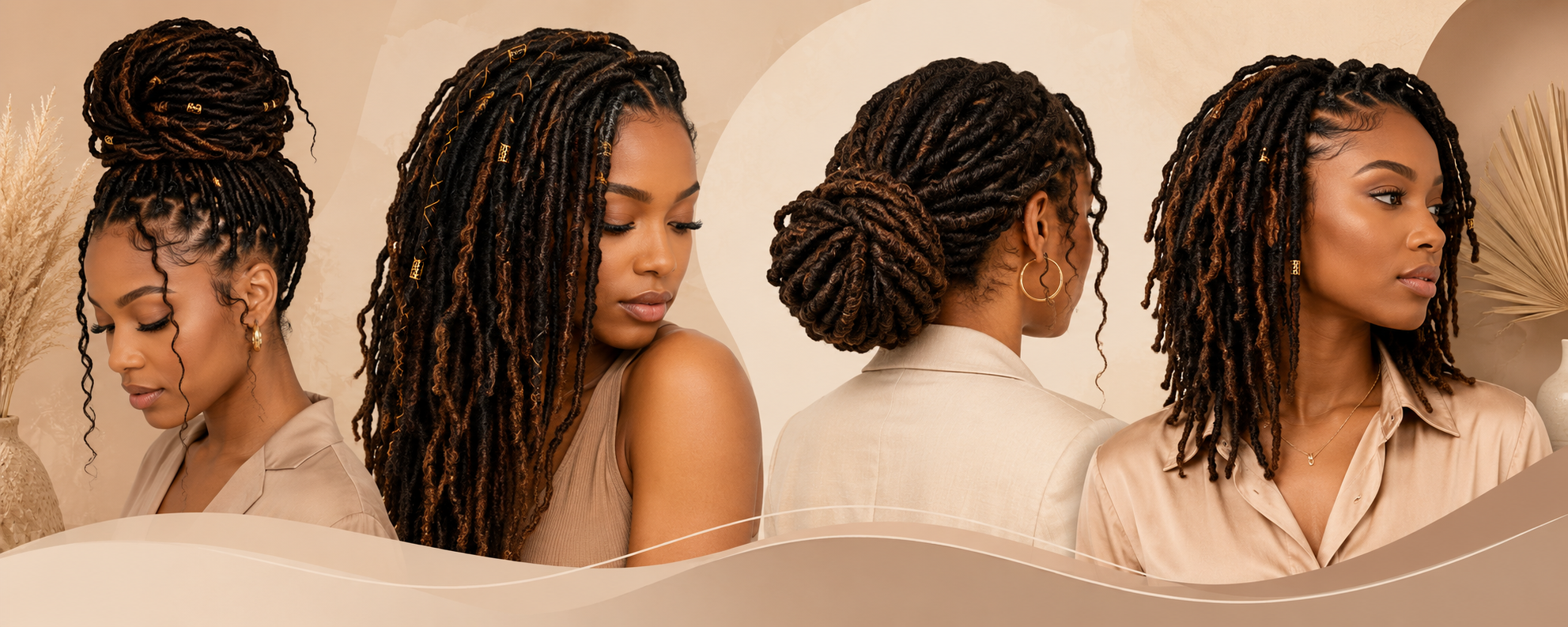 A woman with styled locks in various updo styles, shown from different angles, wearing gold jewelry, beige clothing, in a neutral background with decorative vases and dried plants.