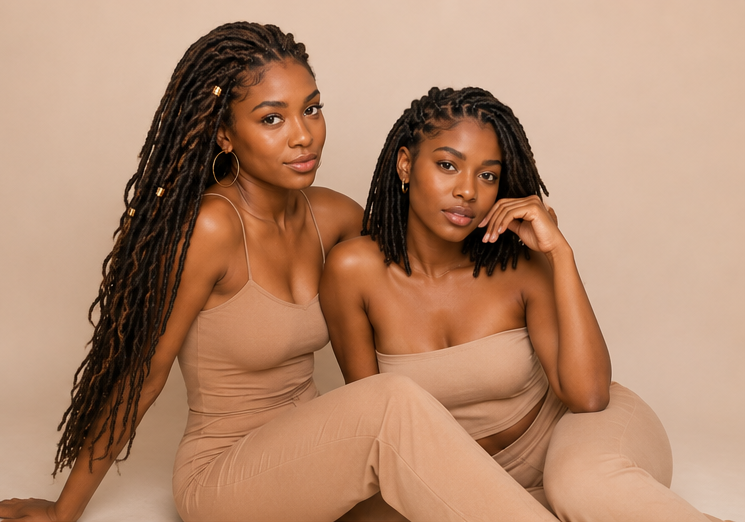 Two young women with dreadlocks sitting against a neutral background, wearing beige outfits, looking at the camera.