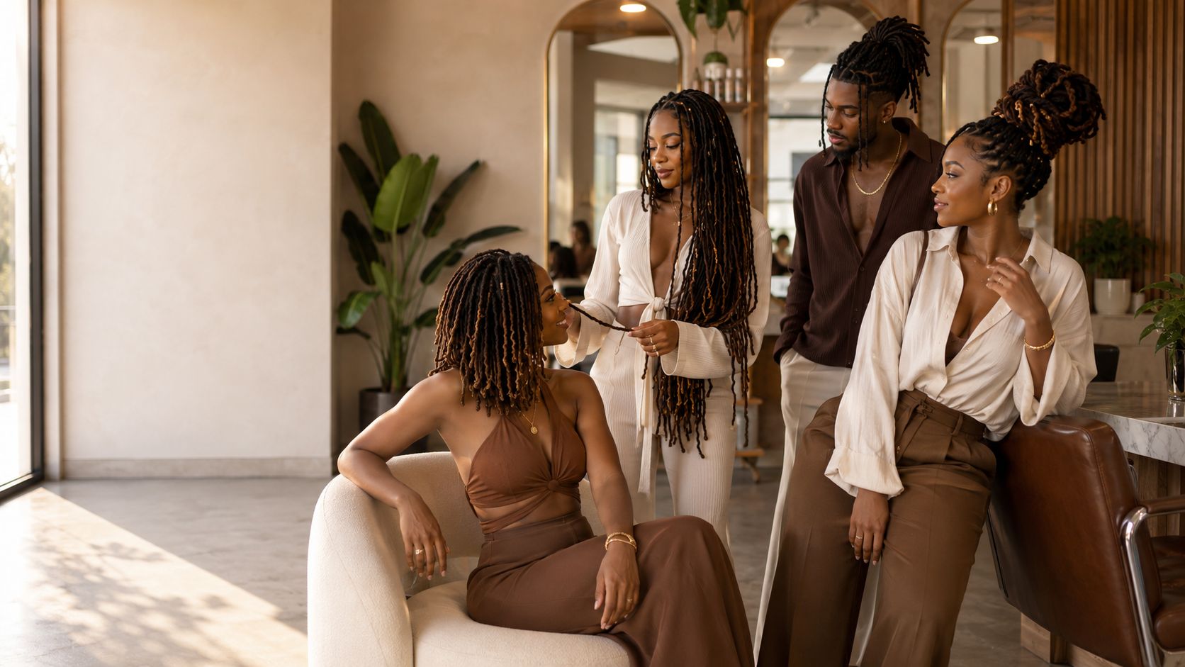 Four women with locs socializing in a modern cafe; one woman is sitting on a cream-colored chair, while another woman styles her locs. Two other women lean against the marble bar counter, engaging in conversation, with a large window and plants in the background.
