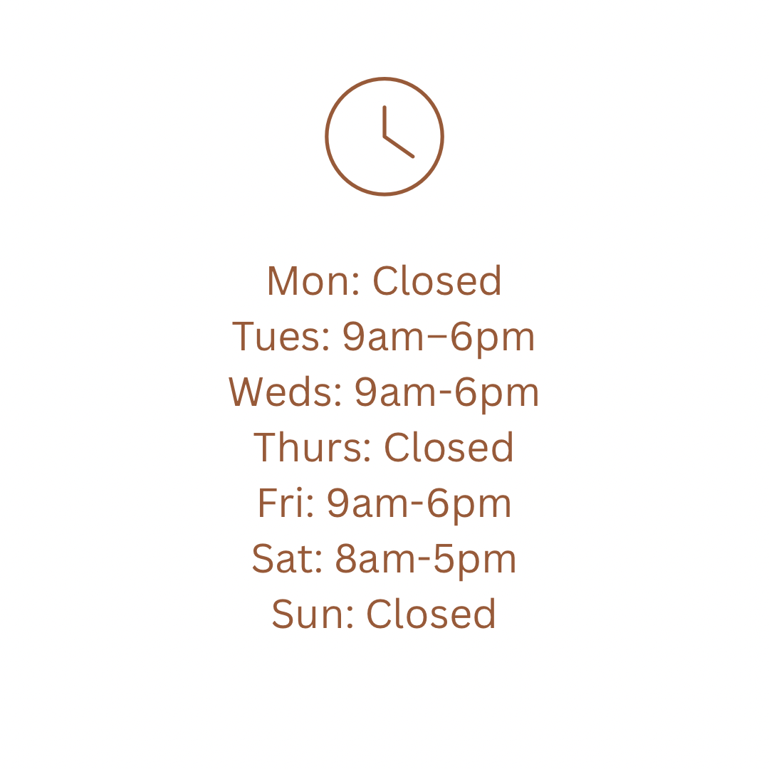 Text displaying the hours of operation for each day of the week, with a clock icon at the top.