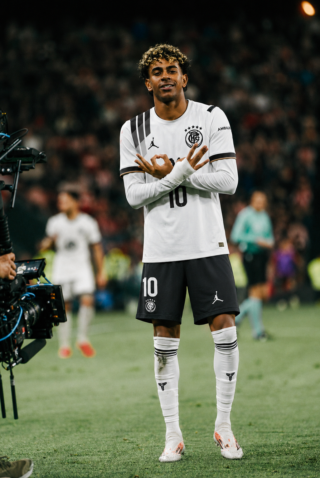 A soccer player in a white and black uniform with the number 10 on his shorts and jersey, standing on a soccer field with a crowd in the background, smiling and making hand gestures.