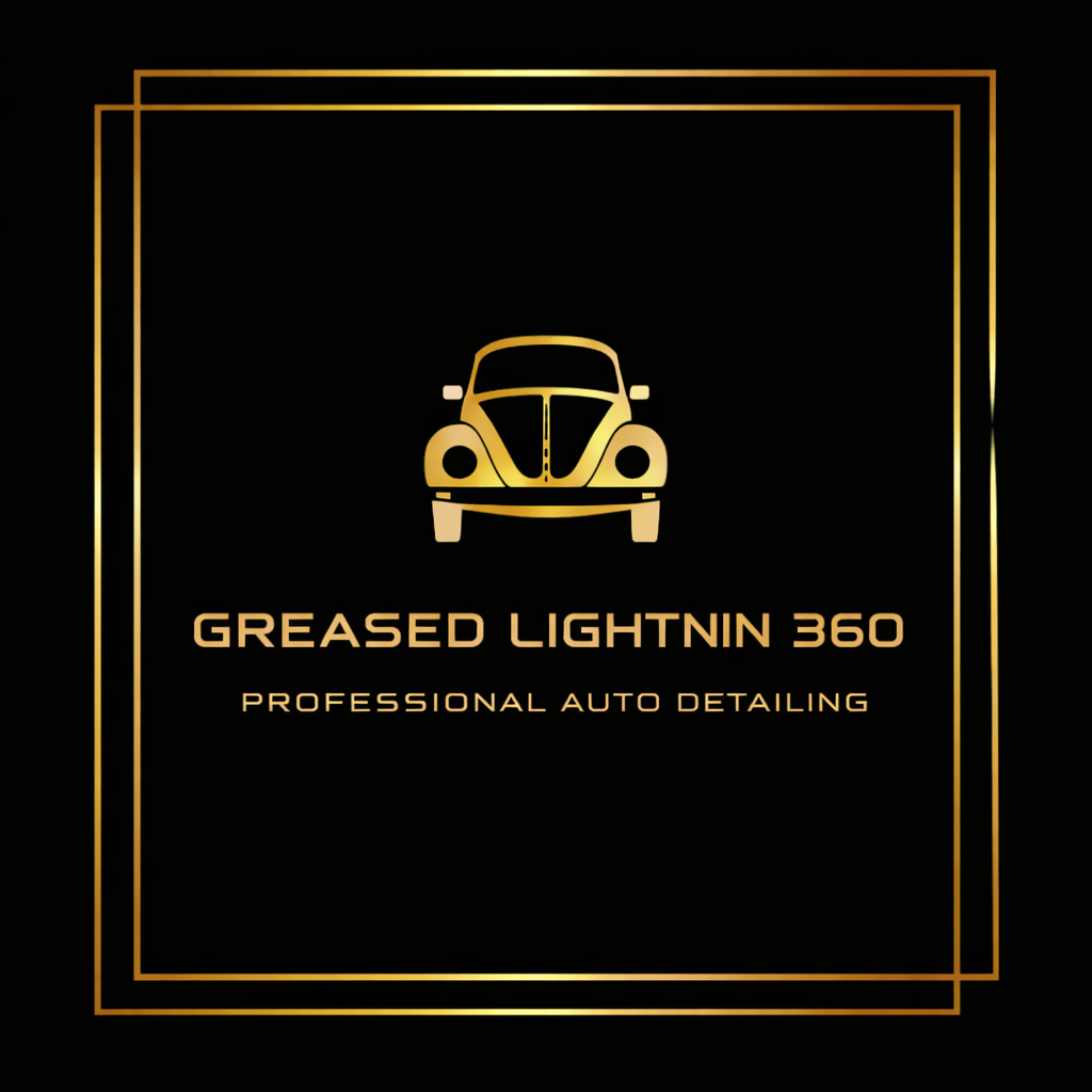 Gold and black logo for Greased Lightnin 360 professional auto detailing, featuring a stylized vintage car outline within a gold border.